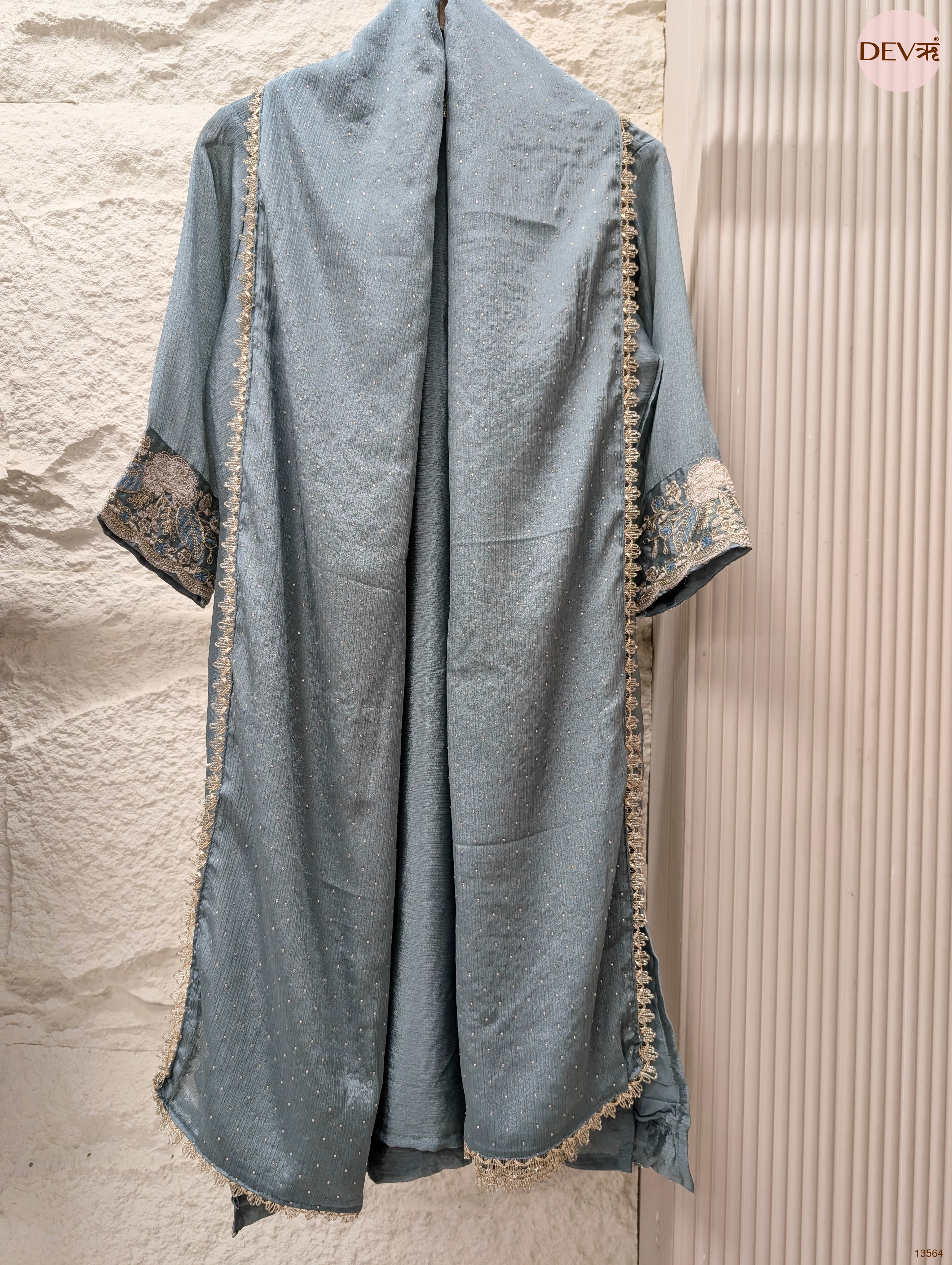 Gulnaar Chinon Embroidered Dusty Blue 3-Piece Set (Devri – D.No 13564)