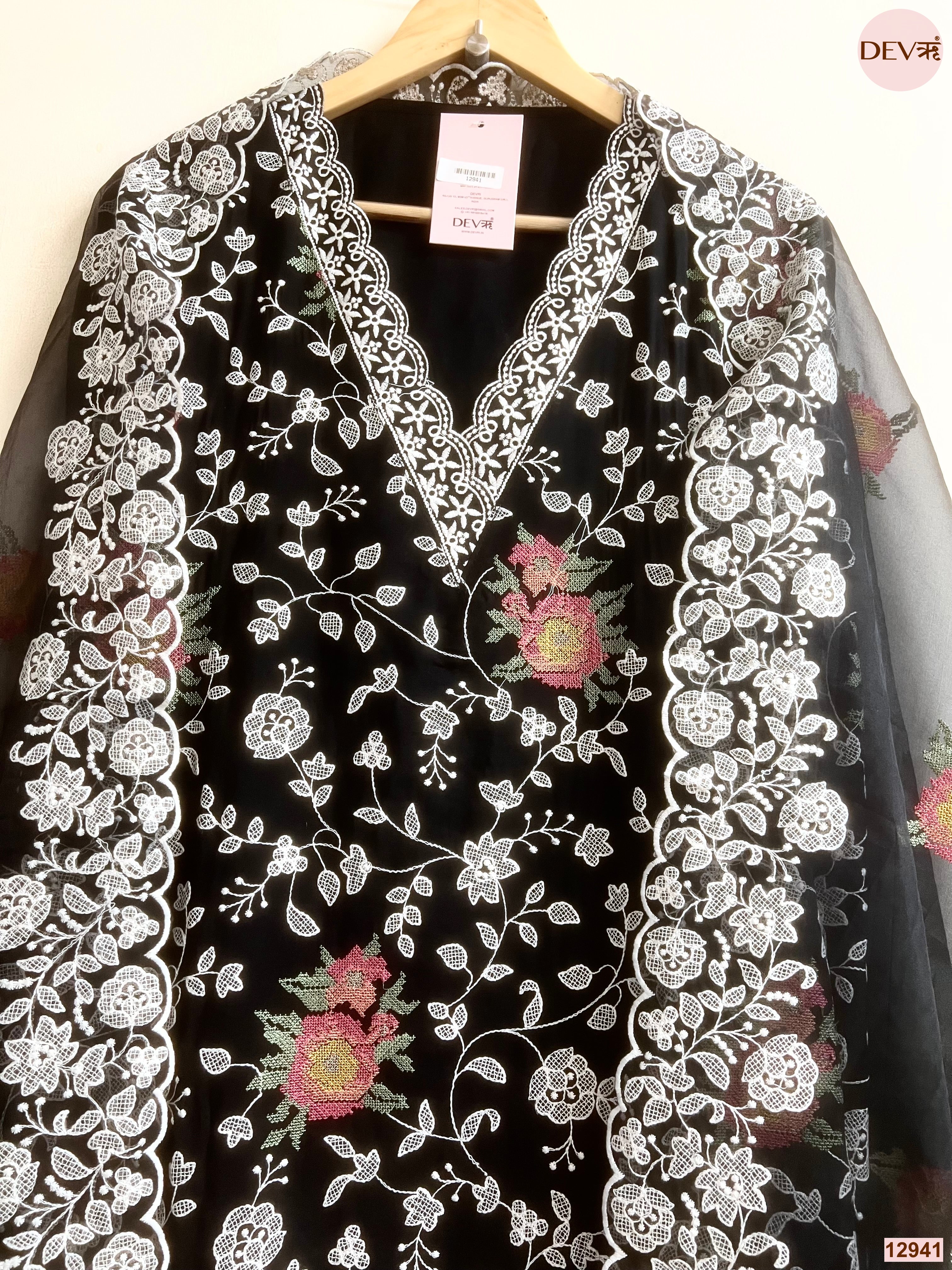 Black Organza Embroidered Unstitched 3-Piece Suit (Devri – D.No 12941)