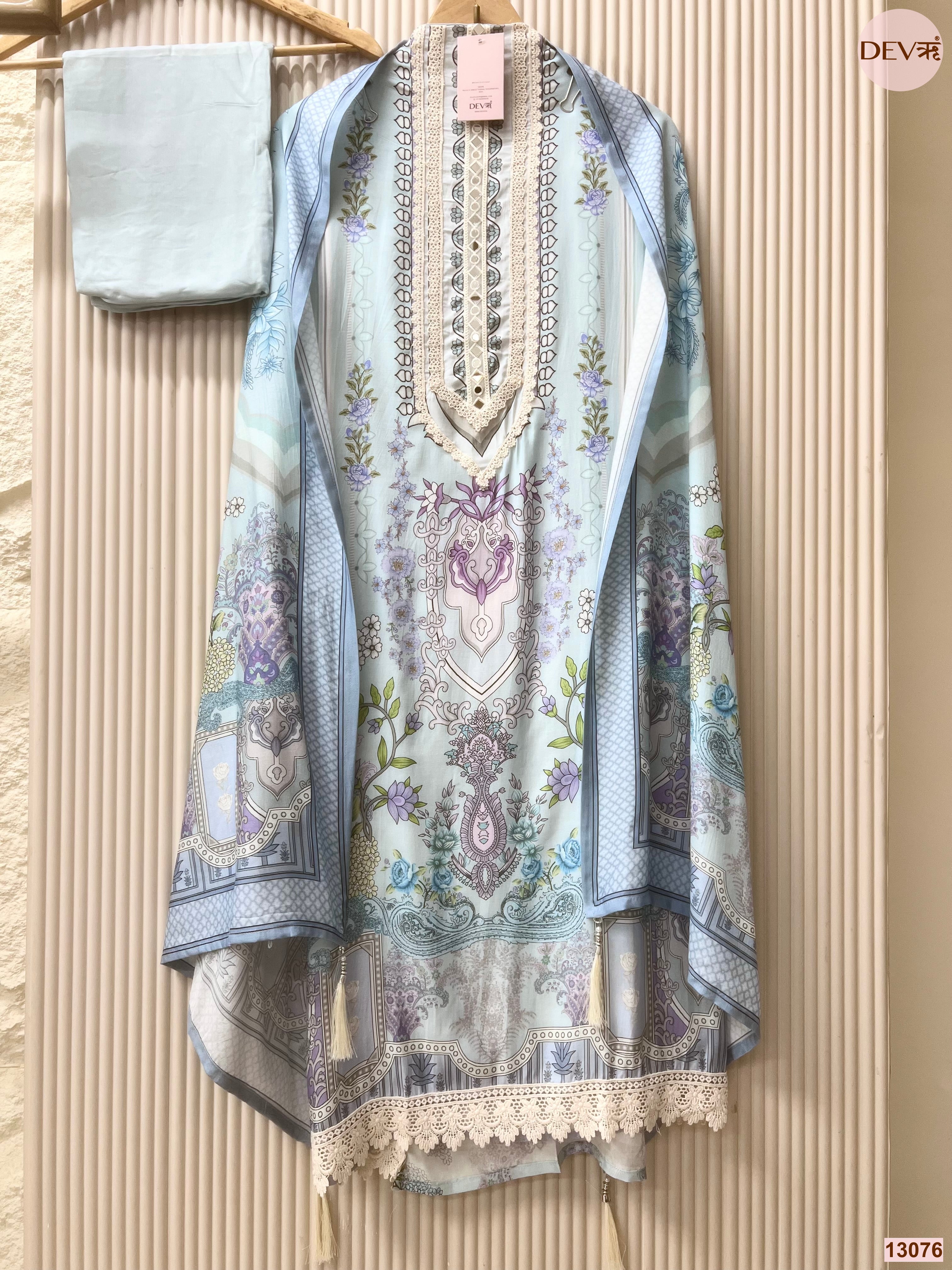 Blue Muslin Printed Unstitched 3-Piece Suit (Devri – D.No 13076)
