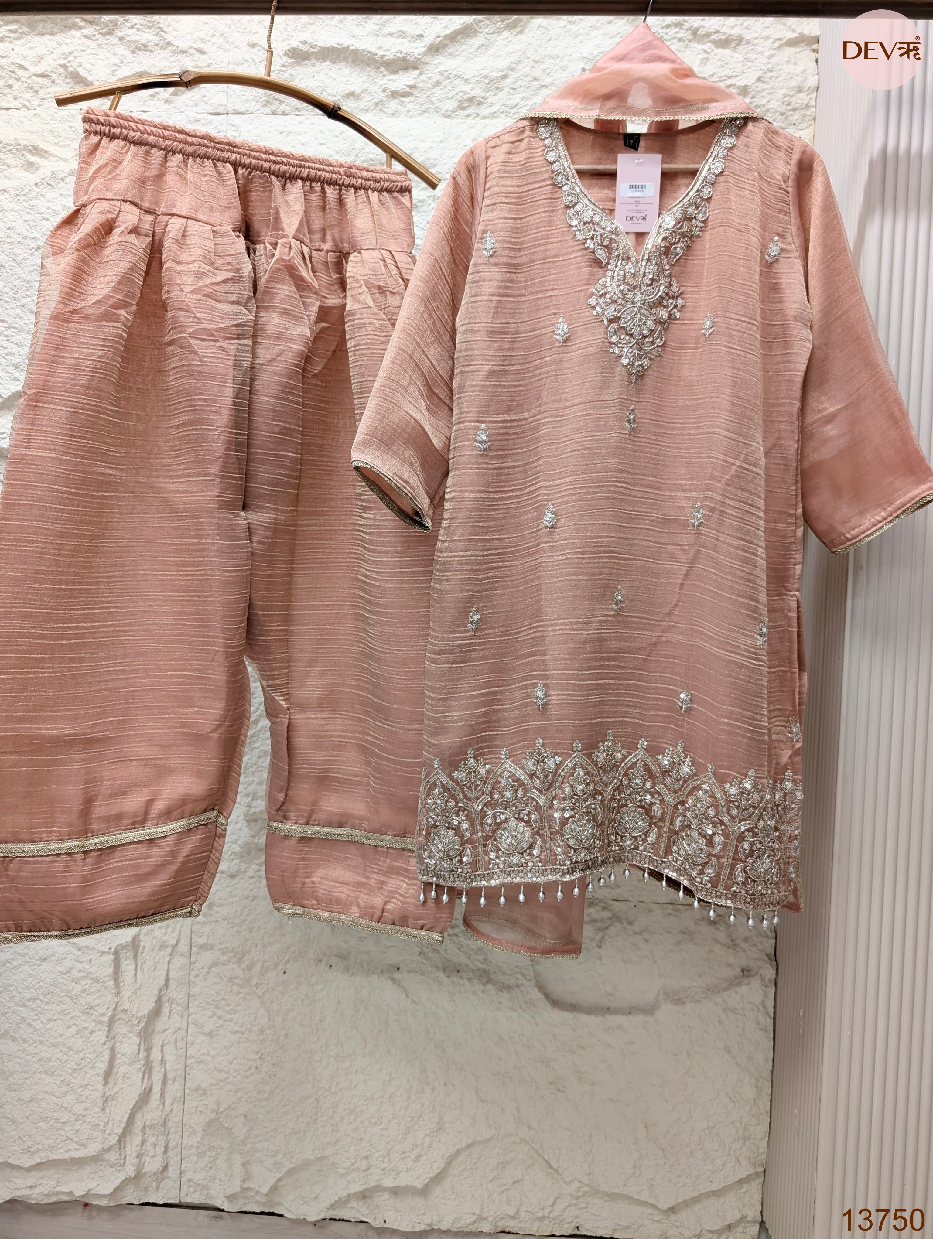 Gulrang Tissue silk blend Embroidered Peach 3-Piece Set (Devri – D.No 13750)