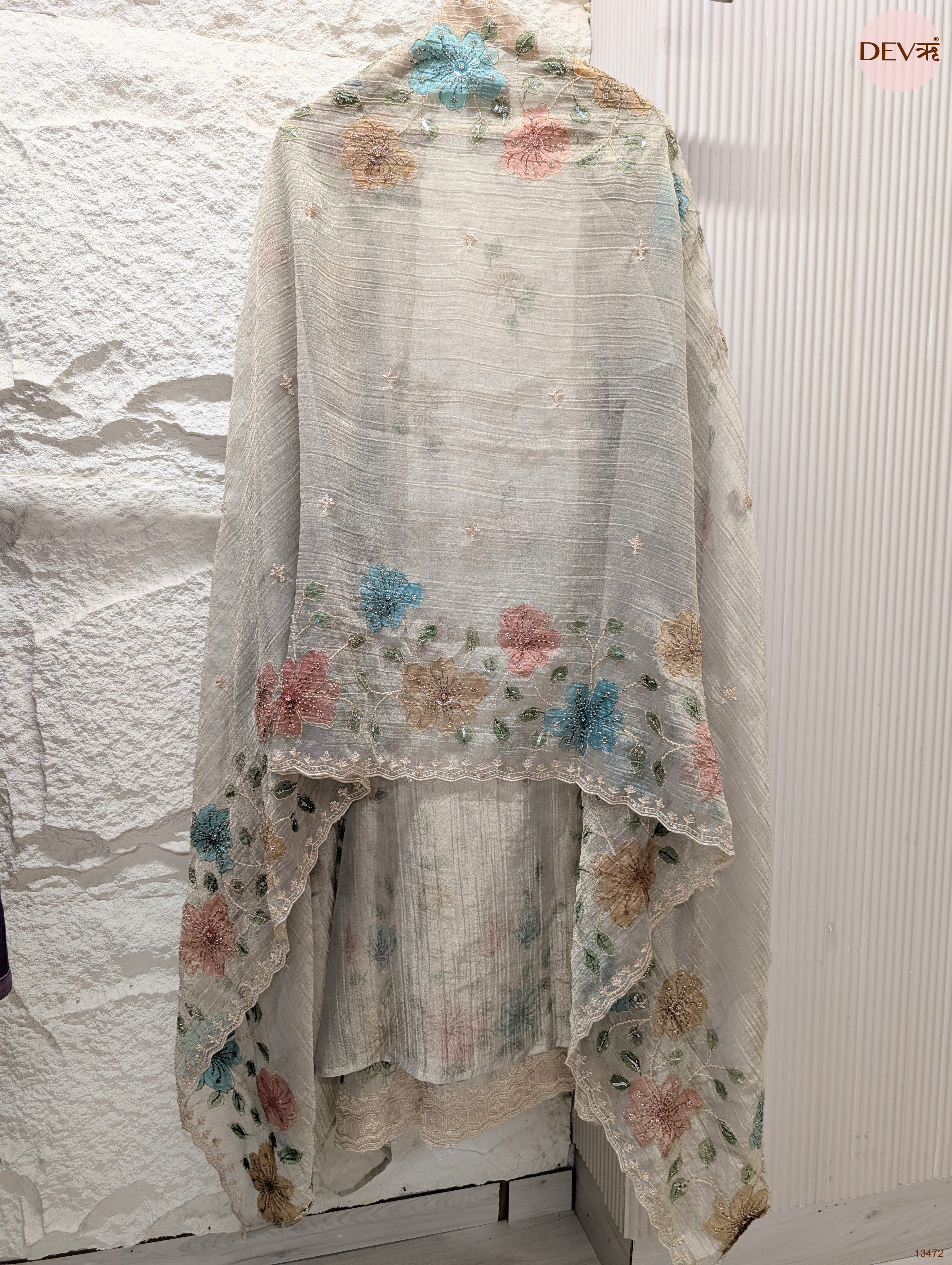 Cream Pure Tissue Crush Silk Embroidered Unstitched 3-Piece Suit (Devri – D.No 13472)