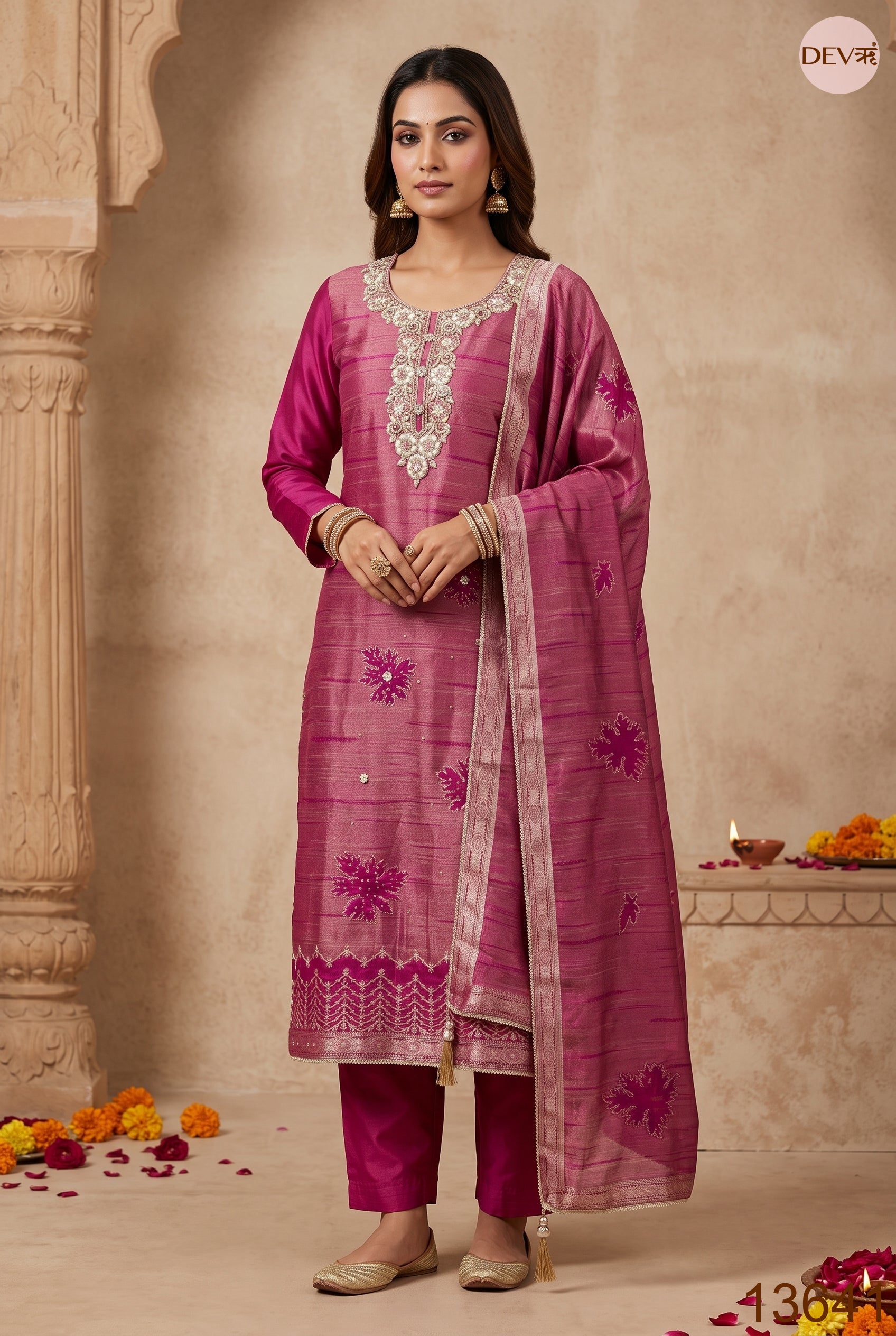 Pink Pure Giraffe Banarasi Silk Embroidered Unstitched 3-Piece Suit (Devri – D.No 13641)