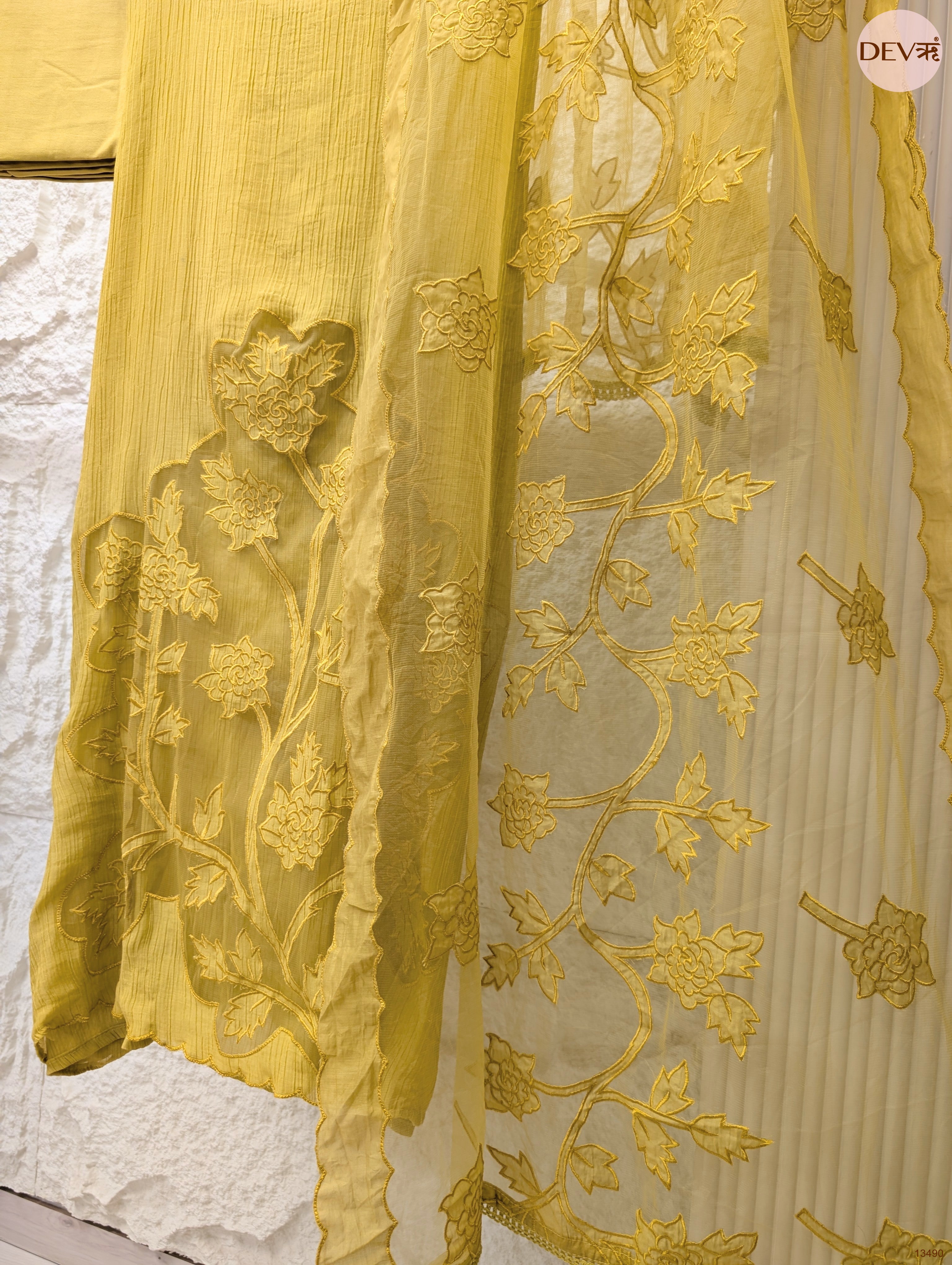 Mustard Mul Crush Embroidered Unstitched 3-Piece Suit (Devri – D.No 13490)