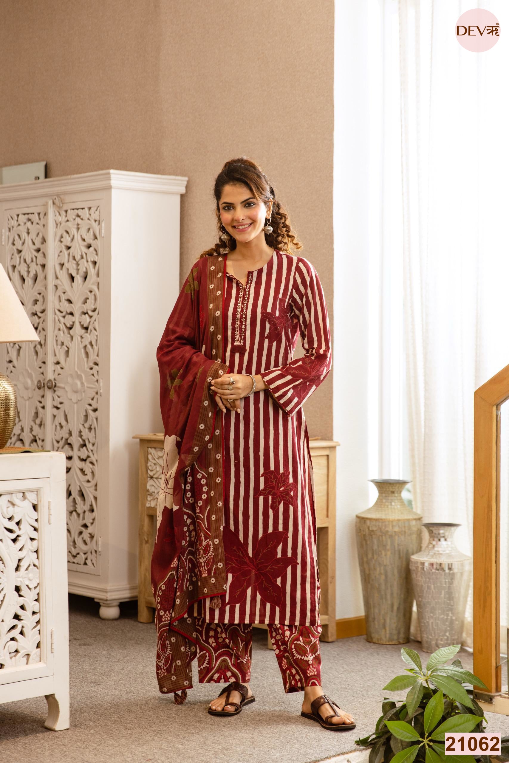 Gulnaar Cotton Printed Maroon 3-Piece Set (Devri – D.No 21062)