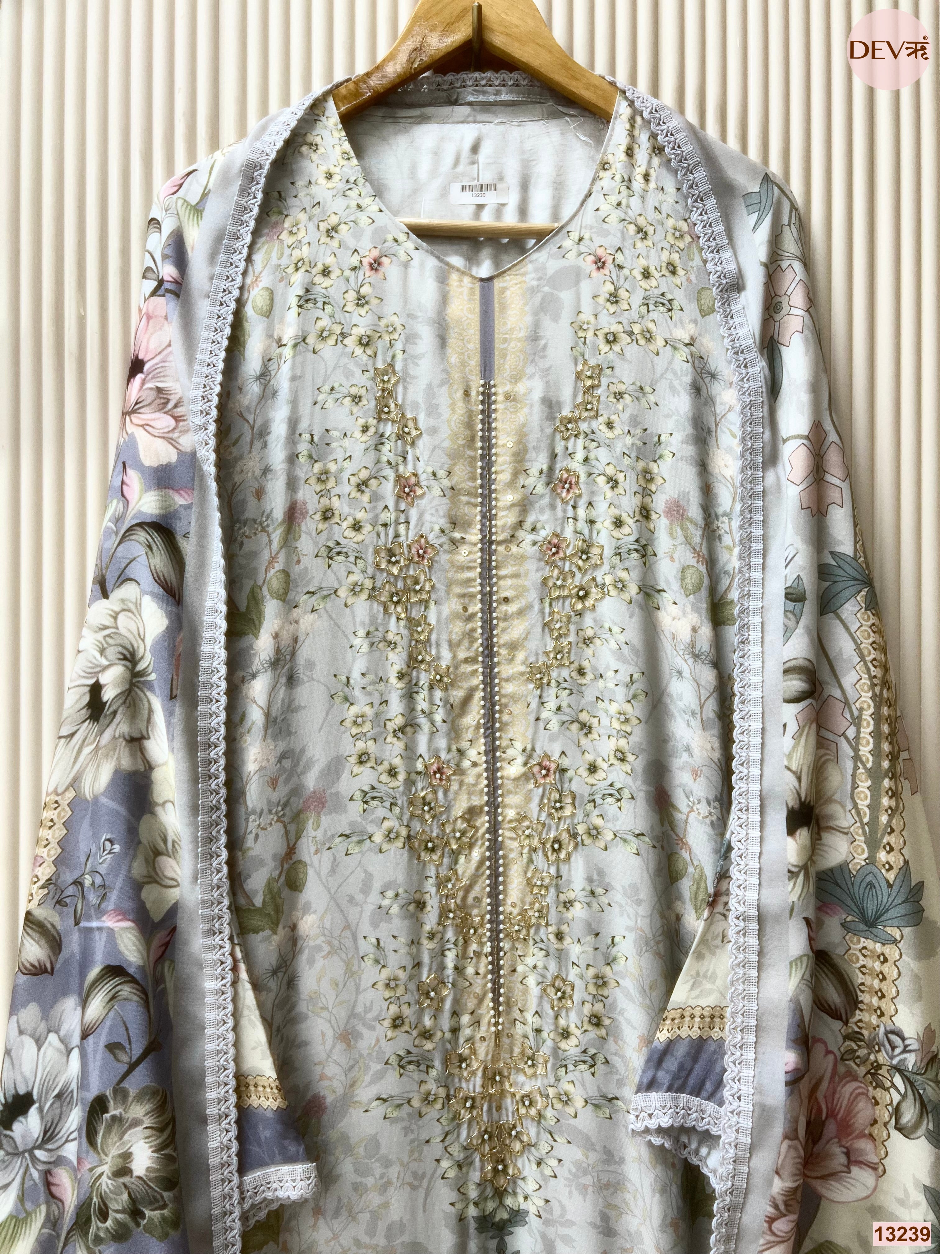 Blue Muslin Printed Unstitched 3-Piece Suit (Devri – D.No 13239)