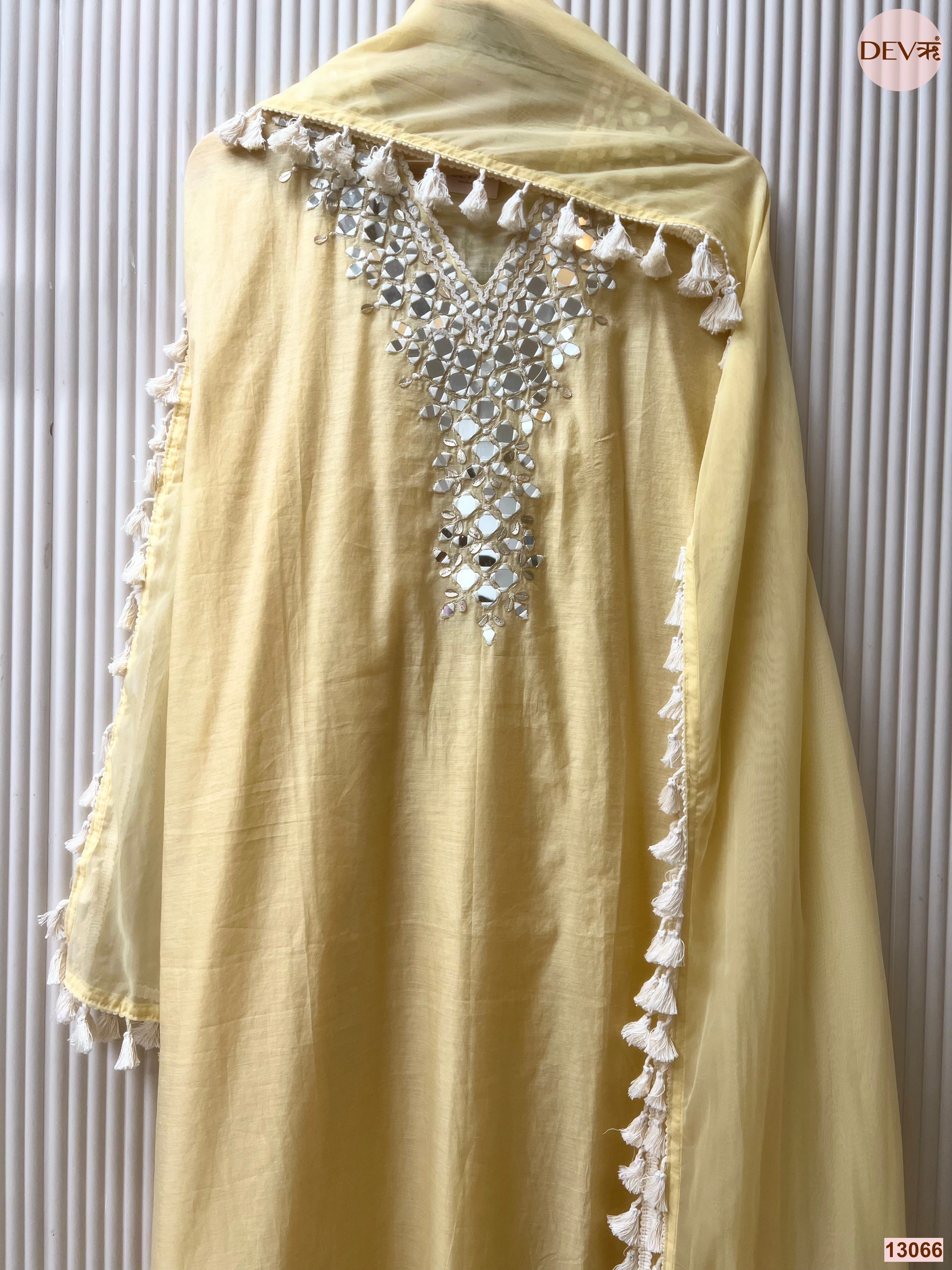 Yellow Mul Cotton Hand Unstitched 3-Piece Suit (Devri – D.No 13066)