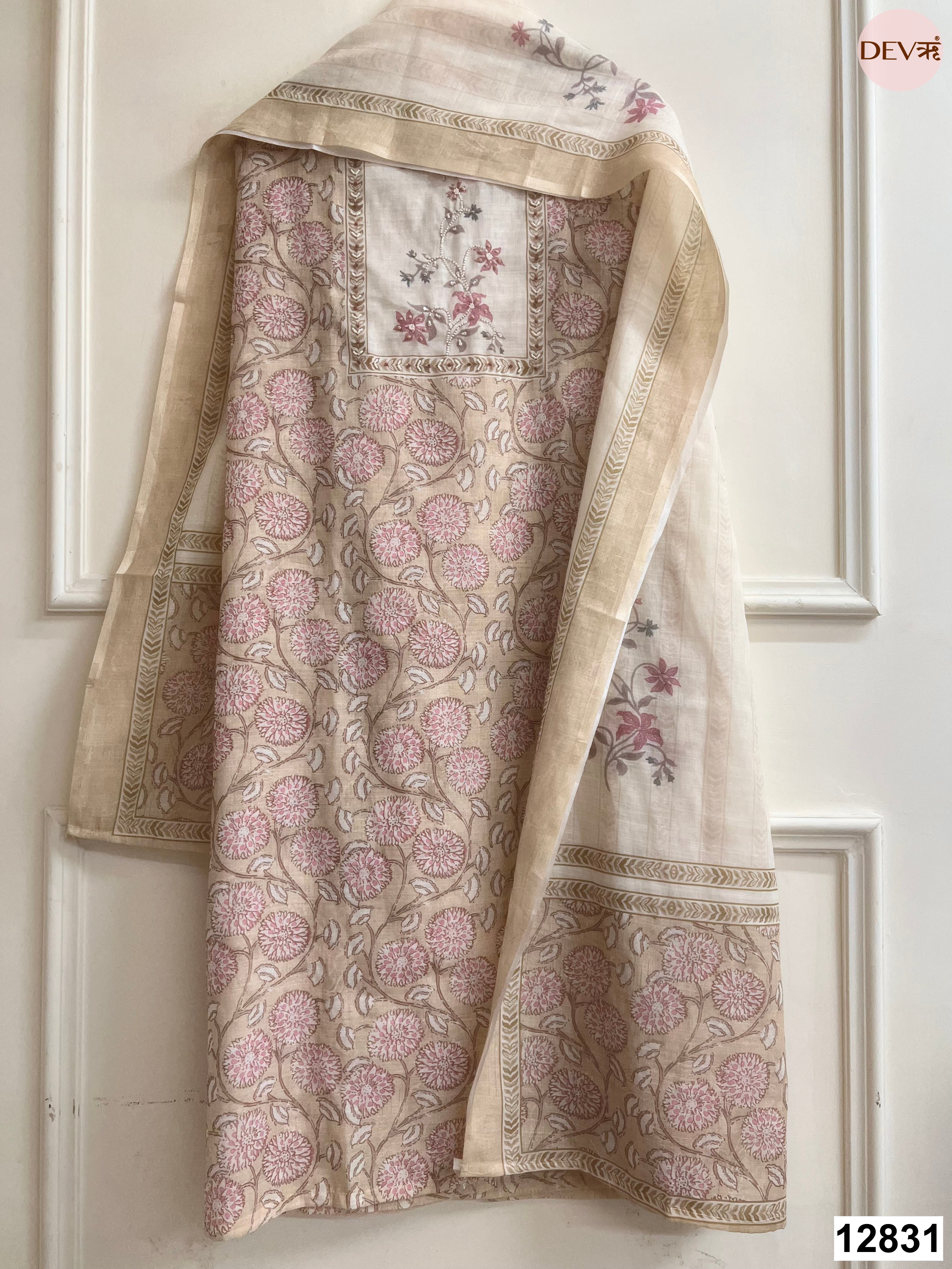 Beige Linen Cotton Printed Unstitched 3-Piece Suit (Devri – D.No 12831)