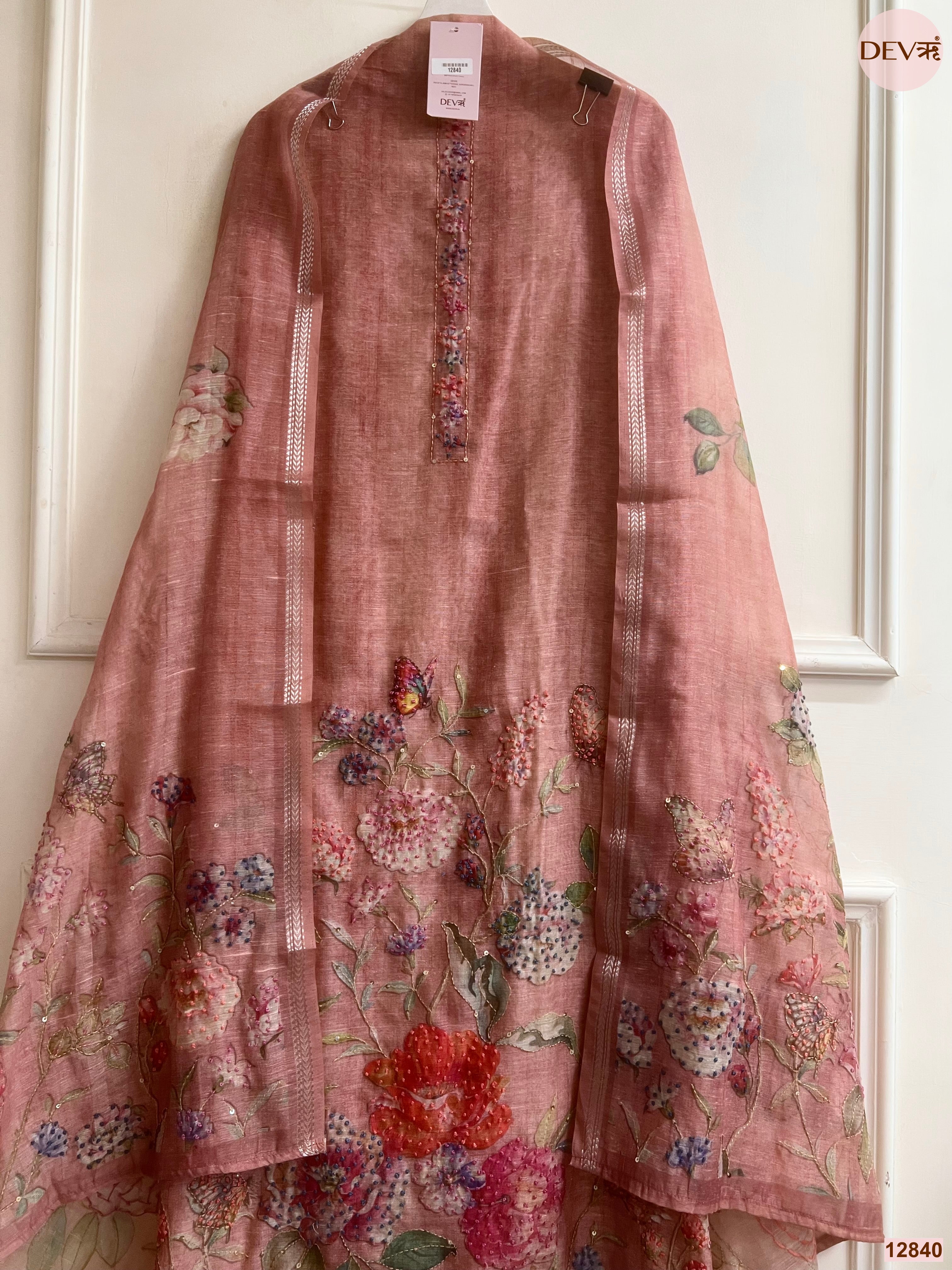 Pink Mul Chanderi Embroidered Unstitched 3-Piece Suit (Devri – D.No 12840)