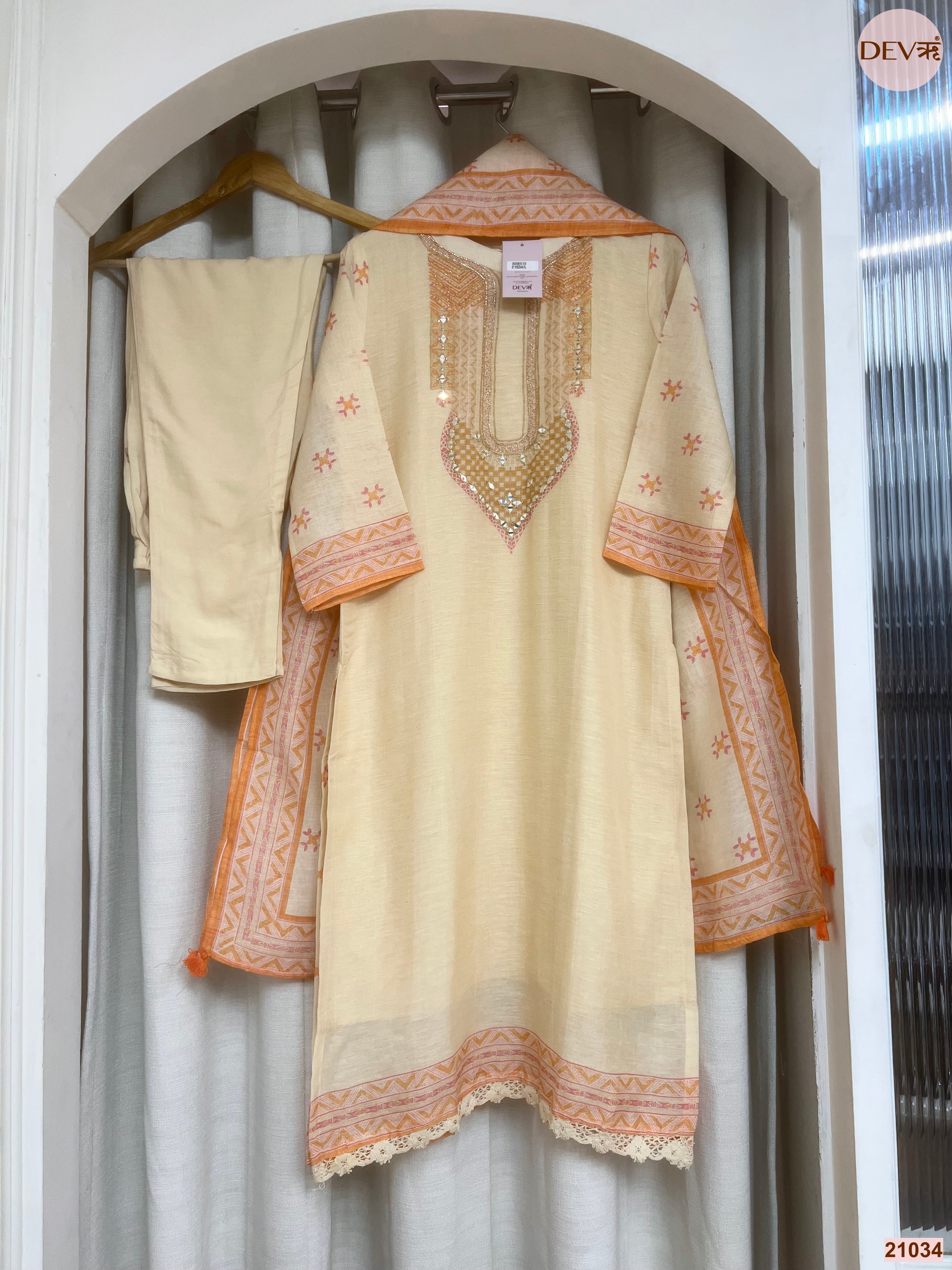 Vasanti Cotton Embroidered Cream 3-Piece Set (Devri – D.No 21034)