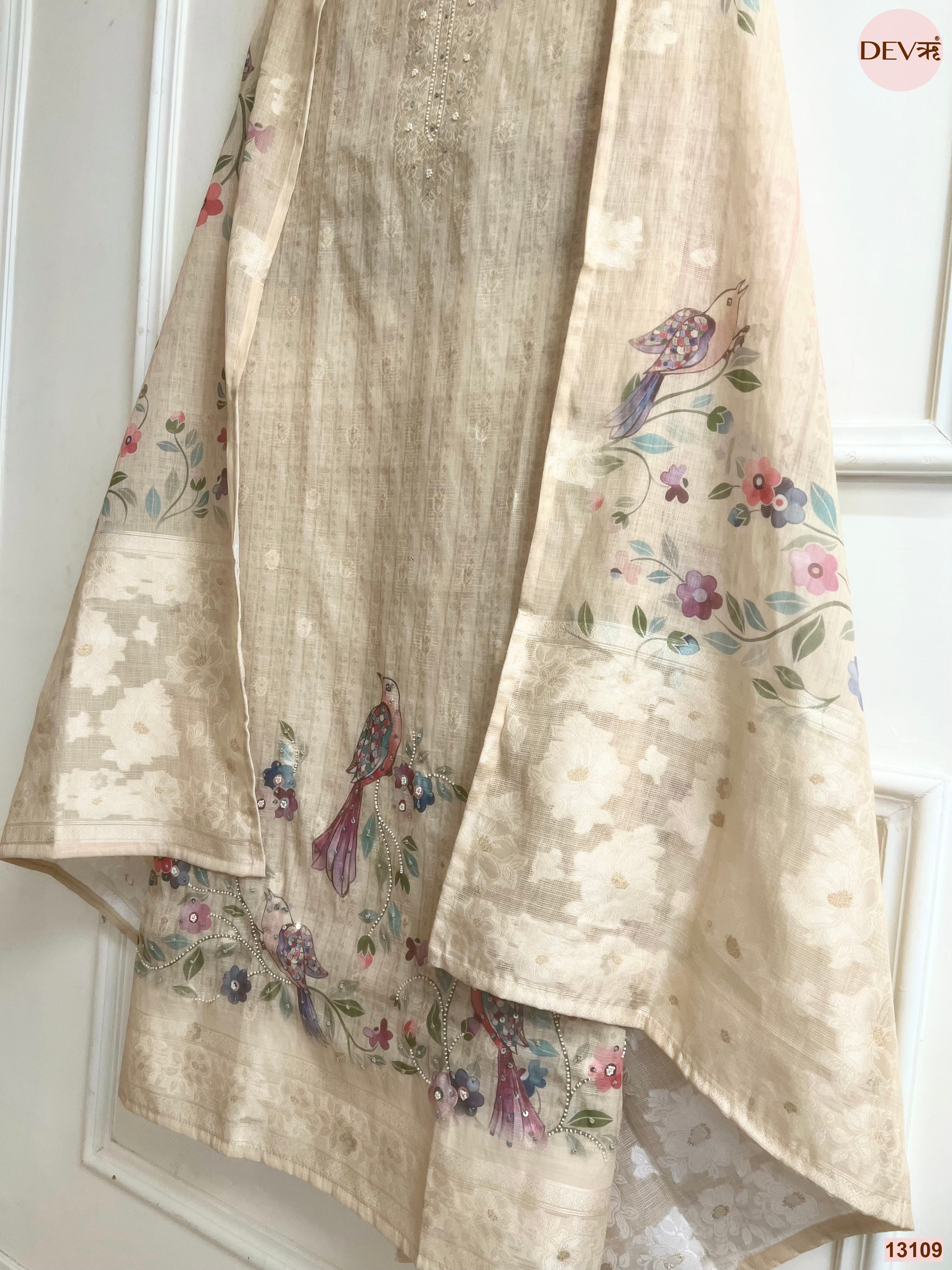 Beige Linen Cotton Printed Unstitched 3-Piece Suit (Devri – D.No 13109)