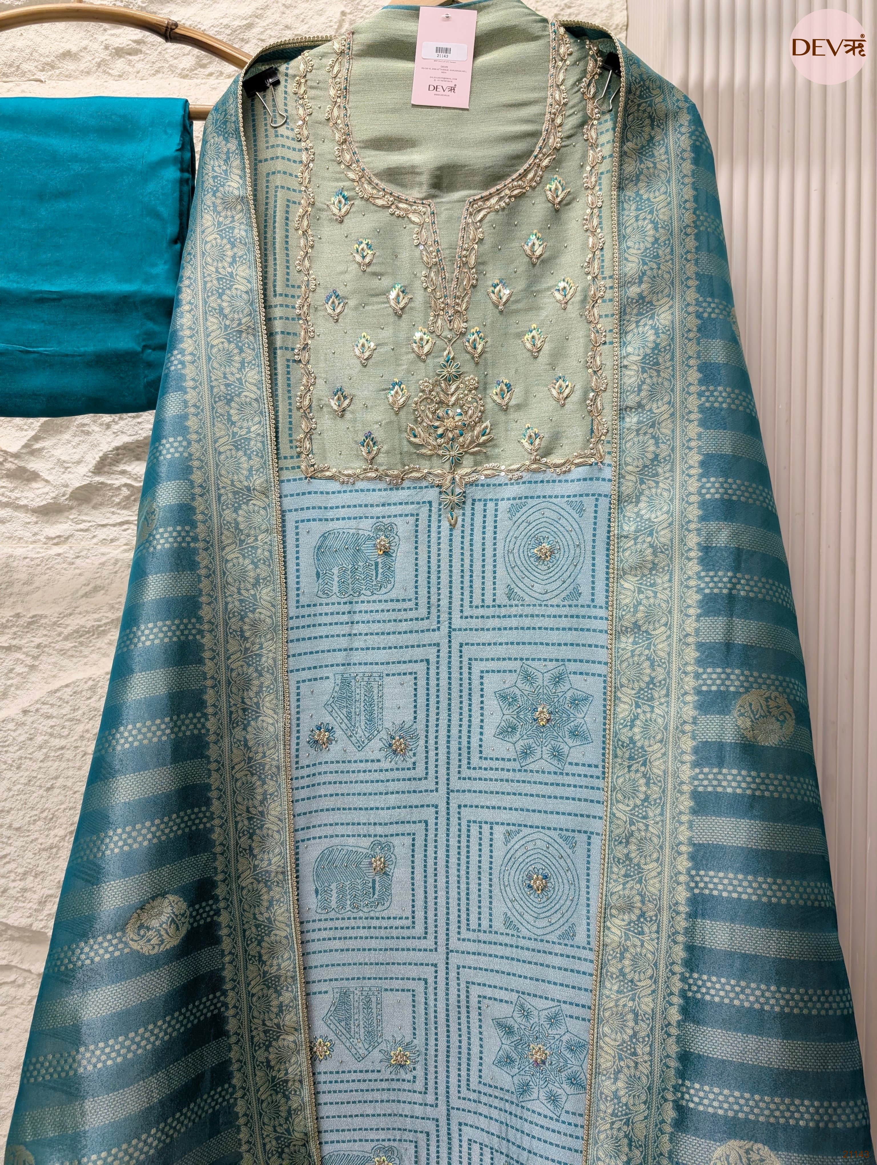 Teal Pure Girafe Banarasi Silk Printed Unstitched 3-Piece Suit (Devri – D.No 21143)