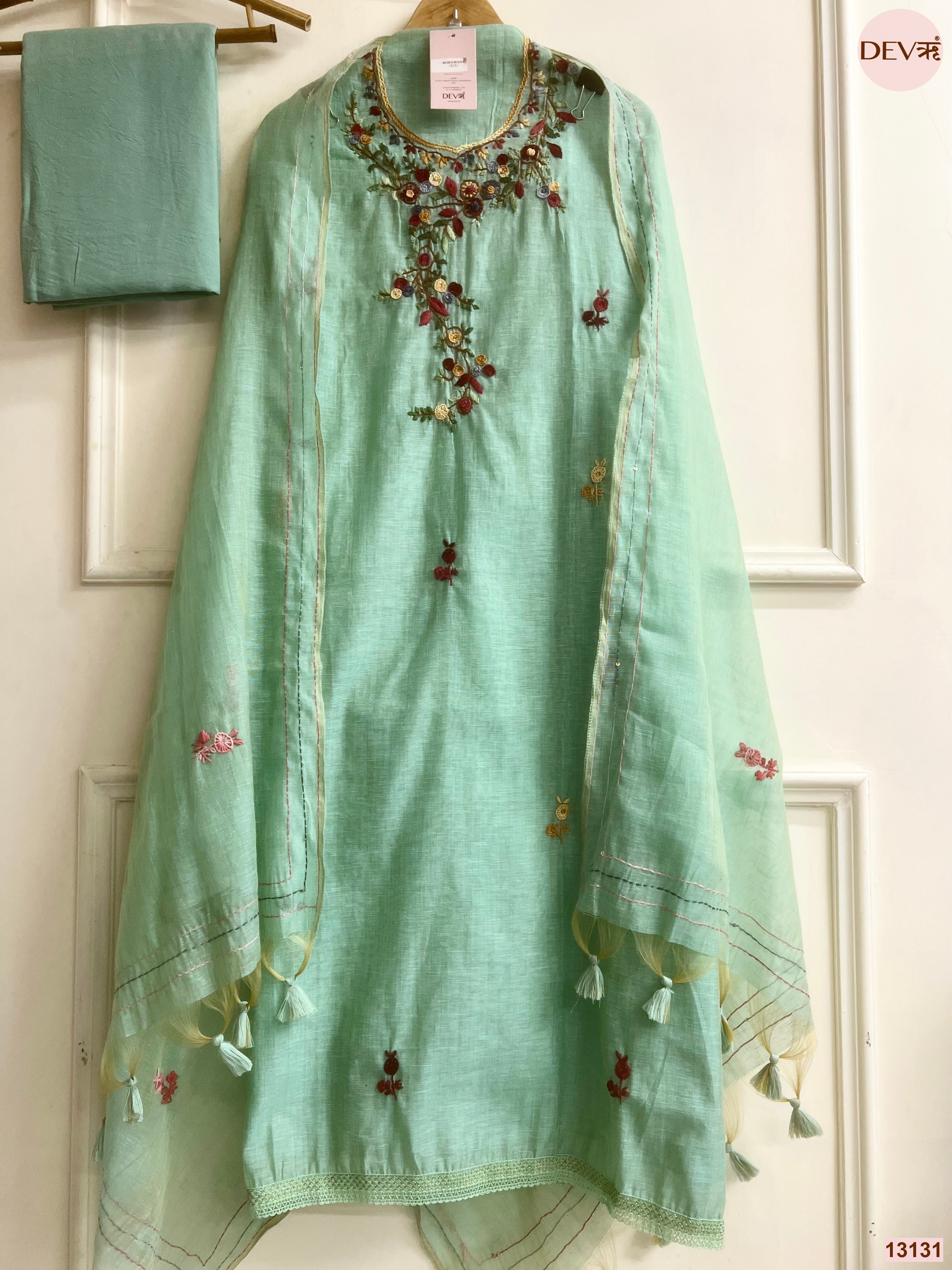 Mint Jamdani Cotton Embroidered Unstitched 3-Piece Suit (Devri – D.No 13131)