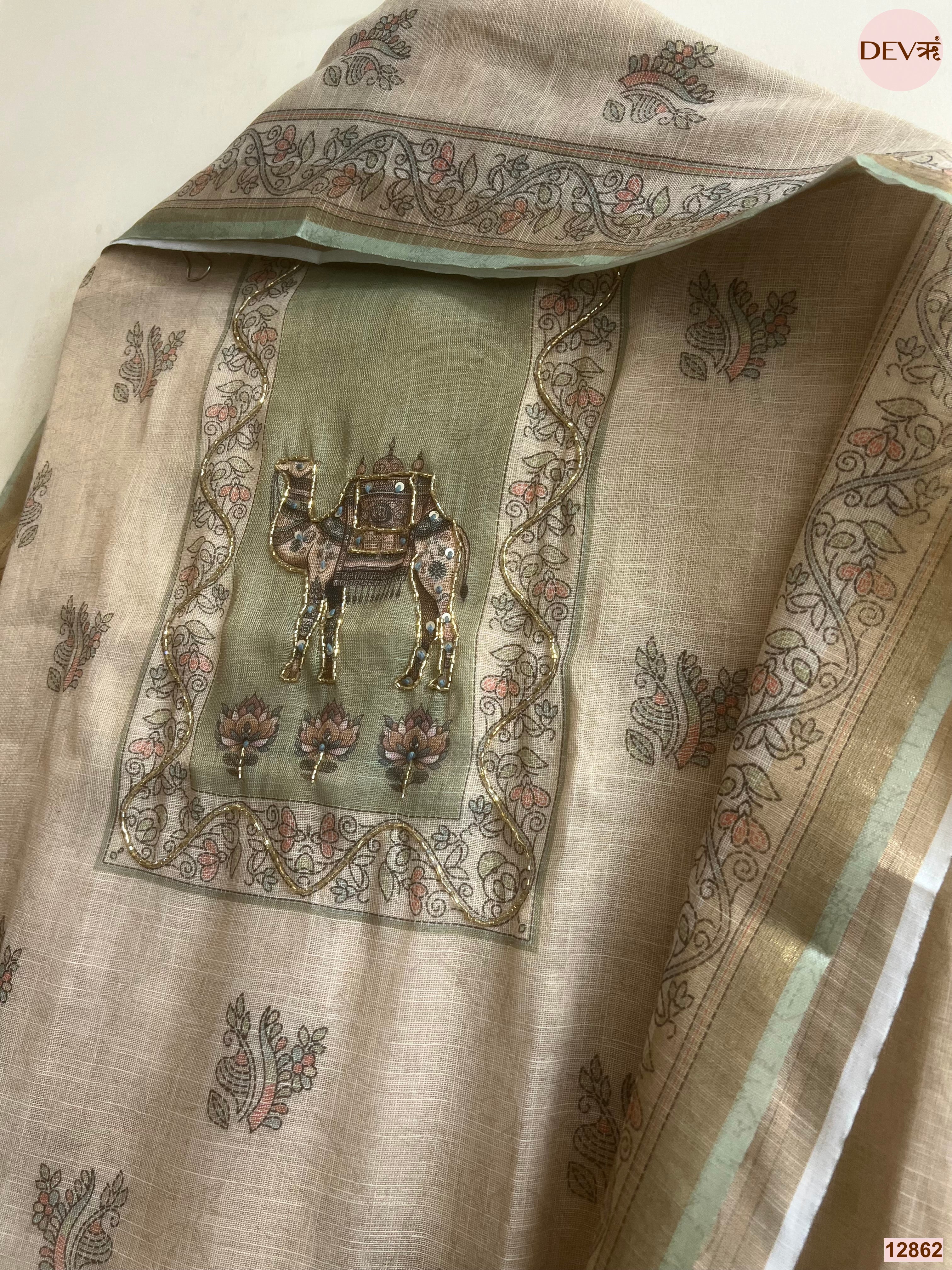 Green Linen Cotton Printed Unstitched 3-Piece Suit (Devri – D.No 12862)