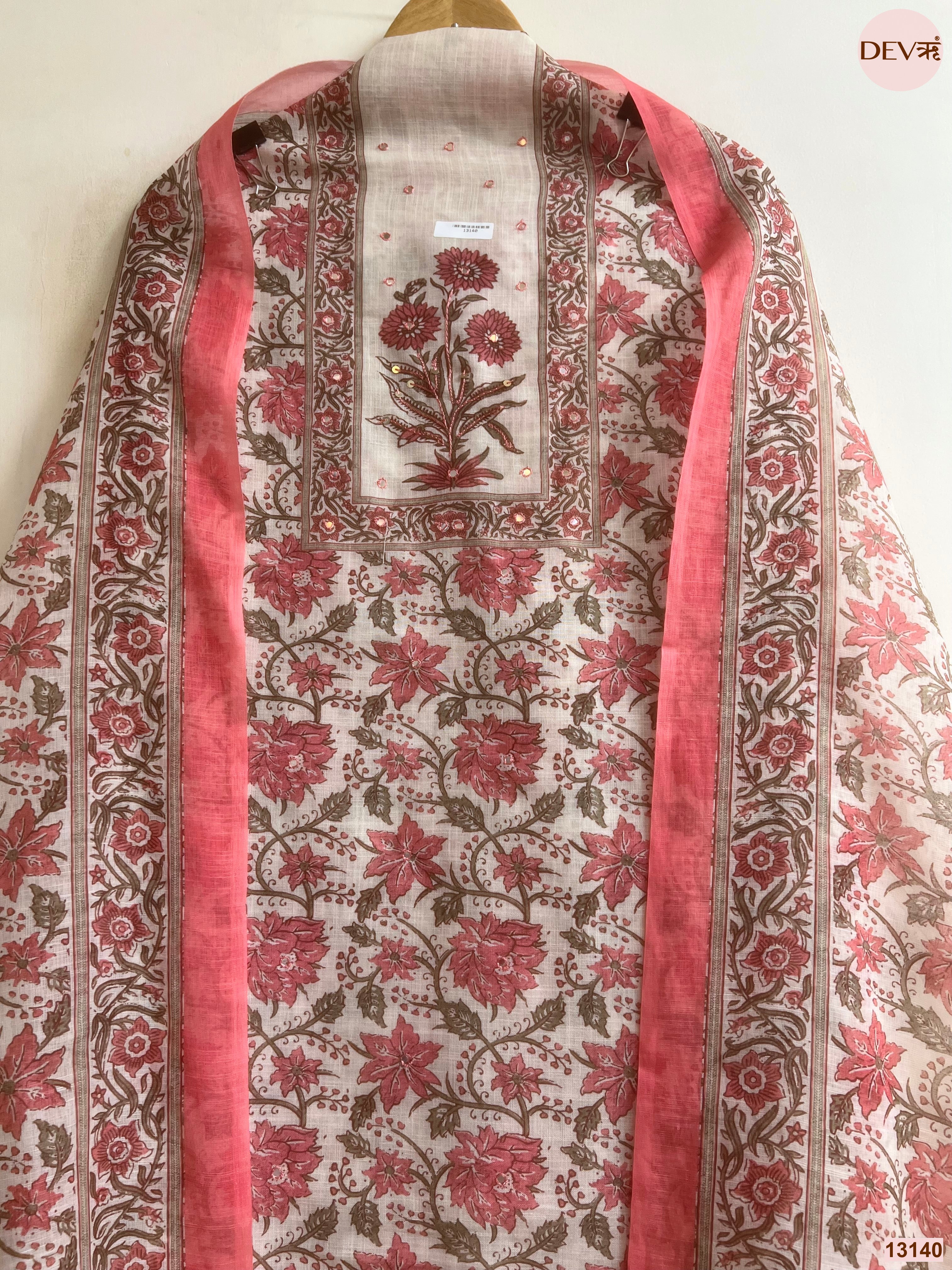 Off White Linen Printed Unstitched 3-Piece Suit (Devri – D.No 13140)