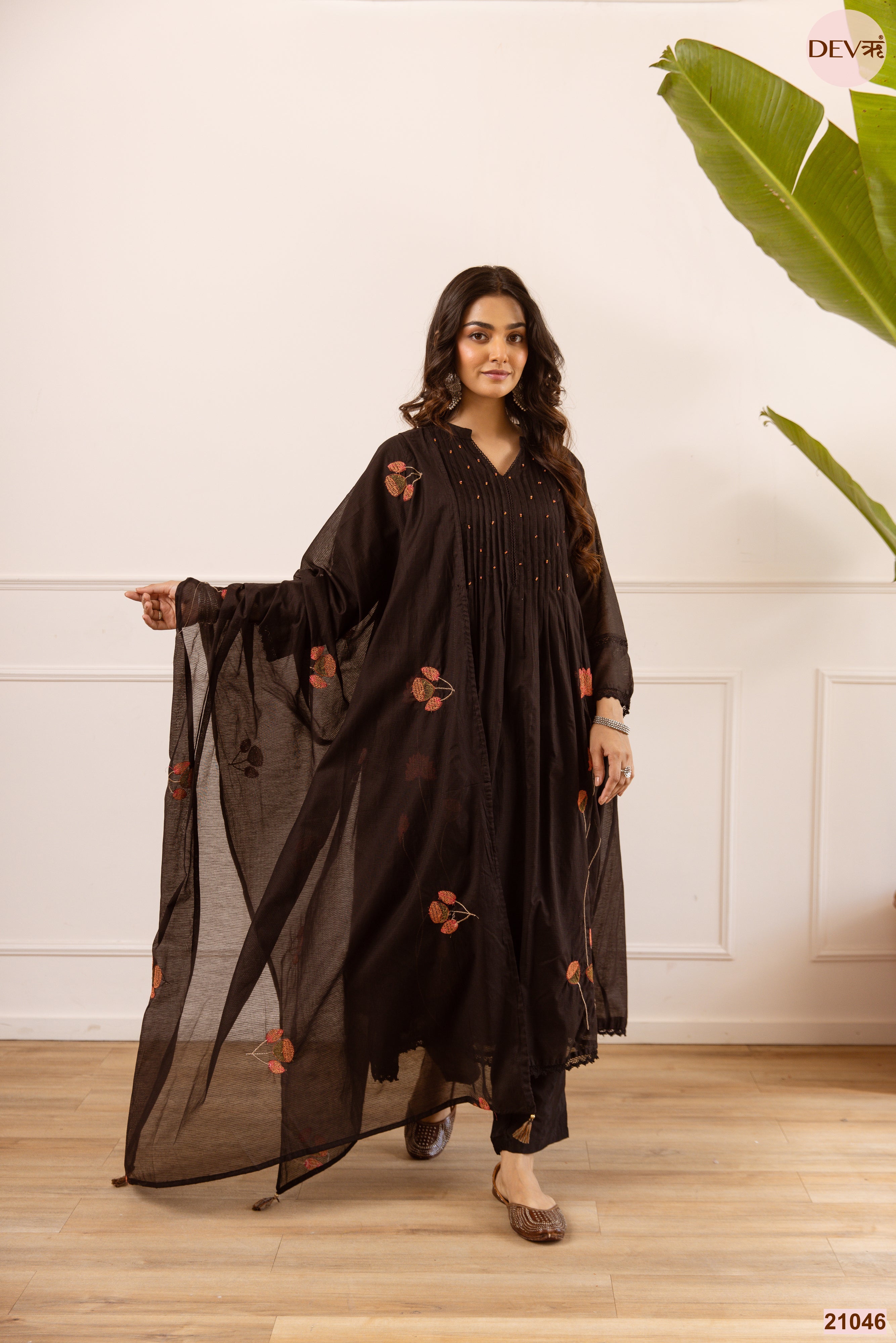 Noor Net Chanderi Embroidered Black 3-Piece Set (Devri – D.No 21046)