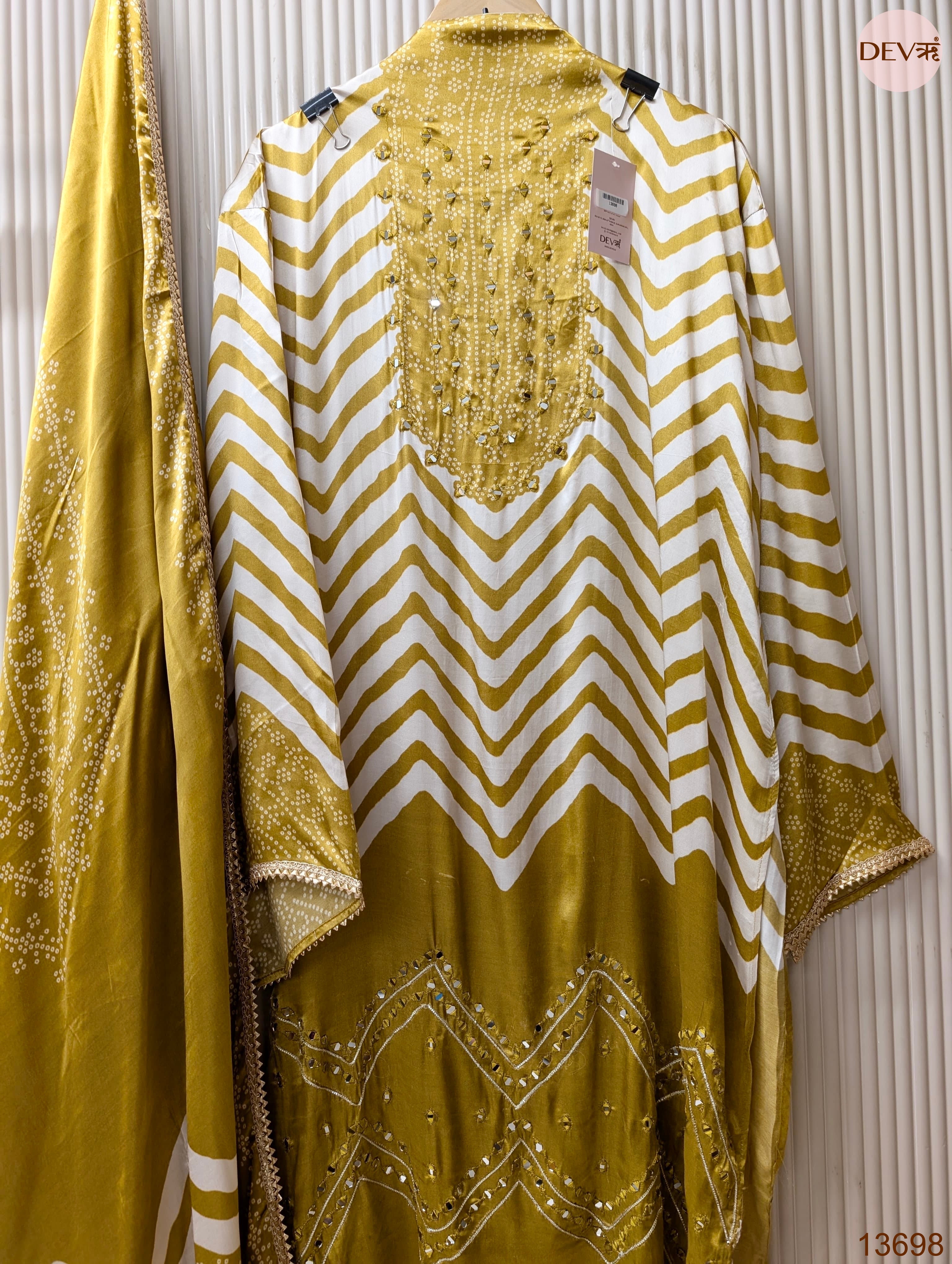 Mustard Pure Gajji Silk Printed Unstitched 3-Piece Suit (Devri – D.No 13698)