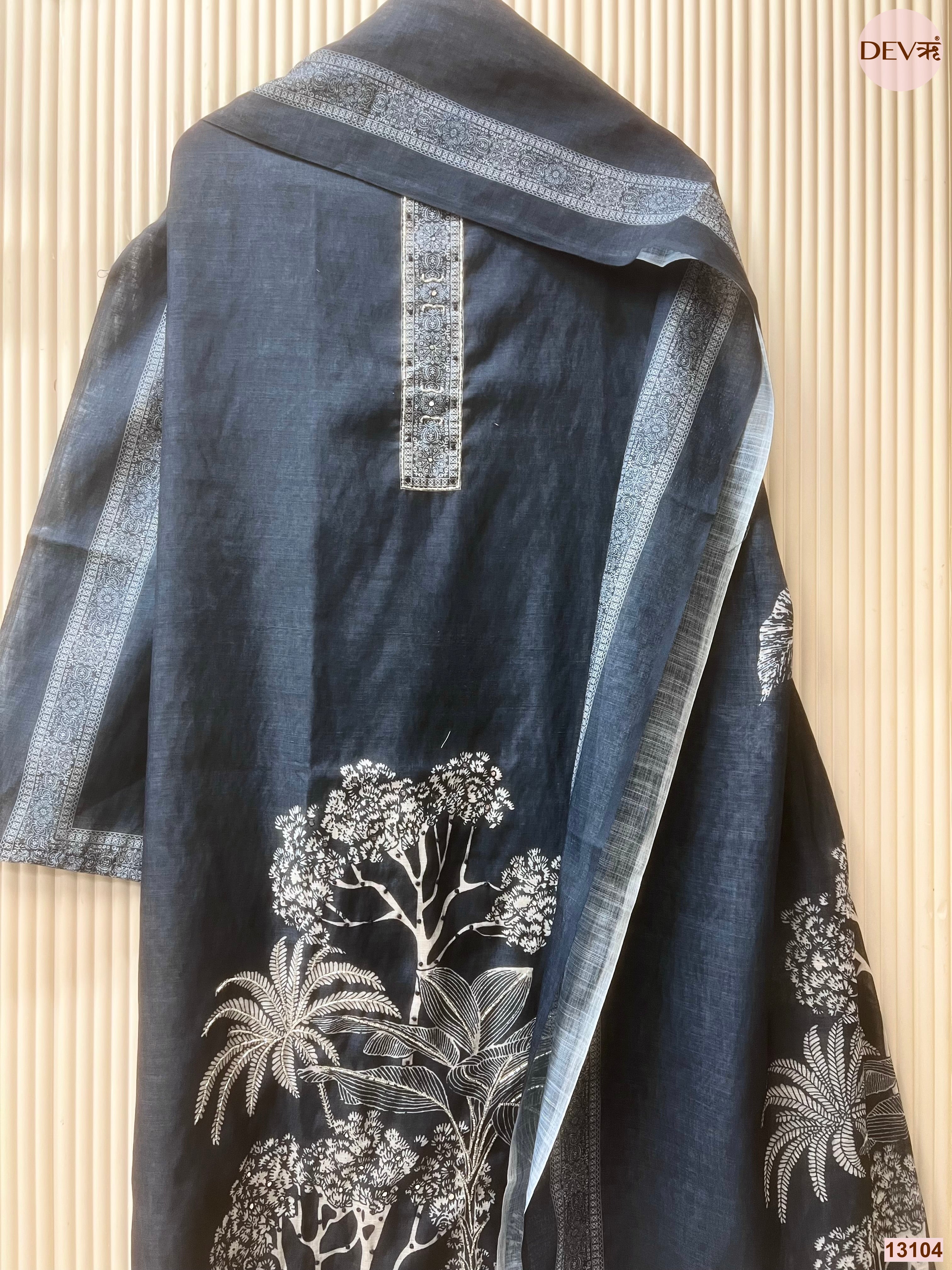 Navy Linen Cotton Printed Unstitched 3-Piece Suit (Devri – D.No 13104)