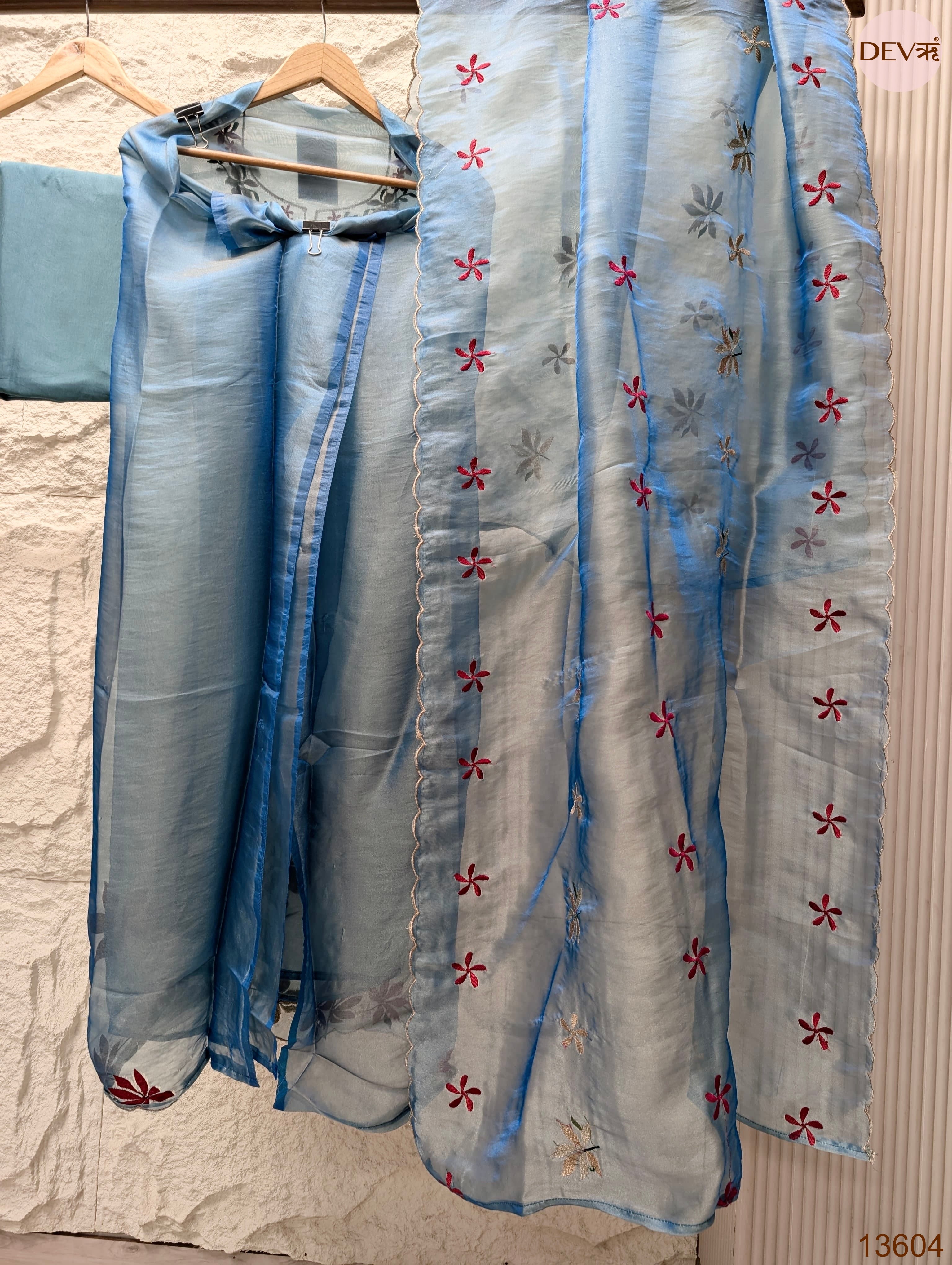 Blue Crush Tissue Silk Embroidered Unstitched 3-Piece Suit (Devri – D.No 13604)