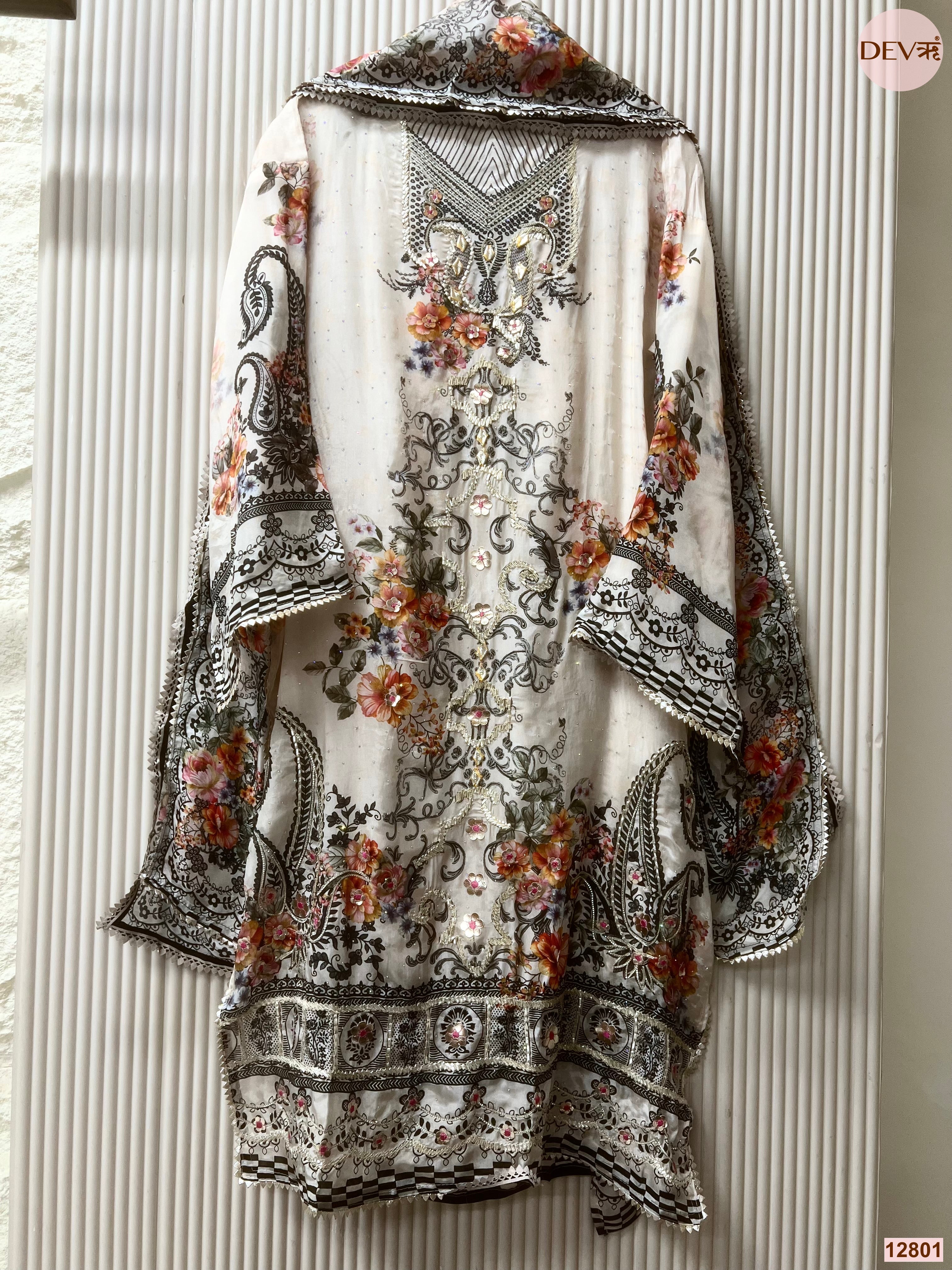 White Glass organza Silk Printed Unstitched 3-Piece Suit (Devri – D.No 12801)