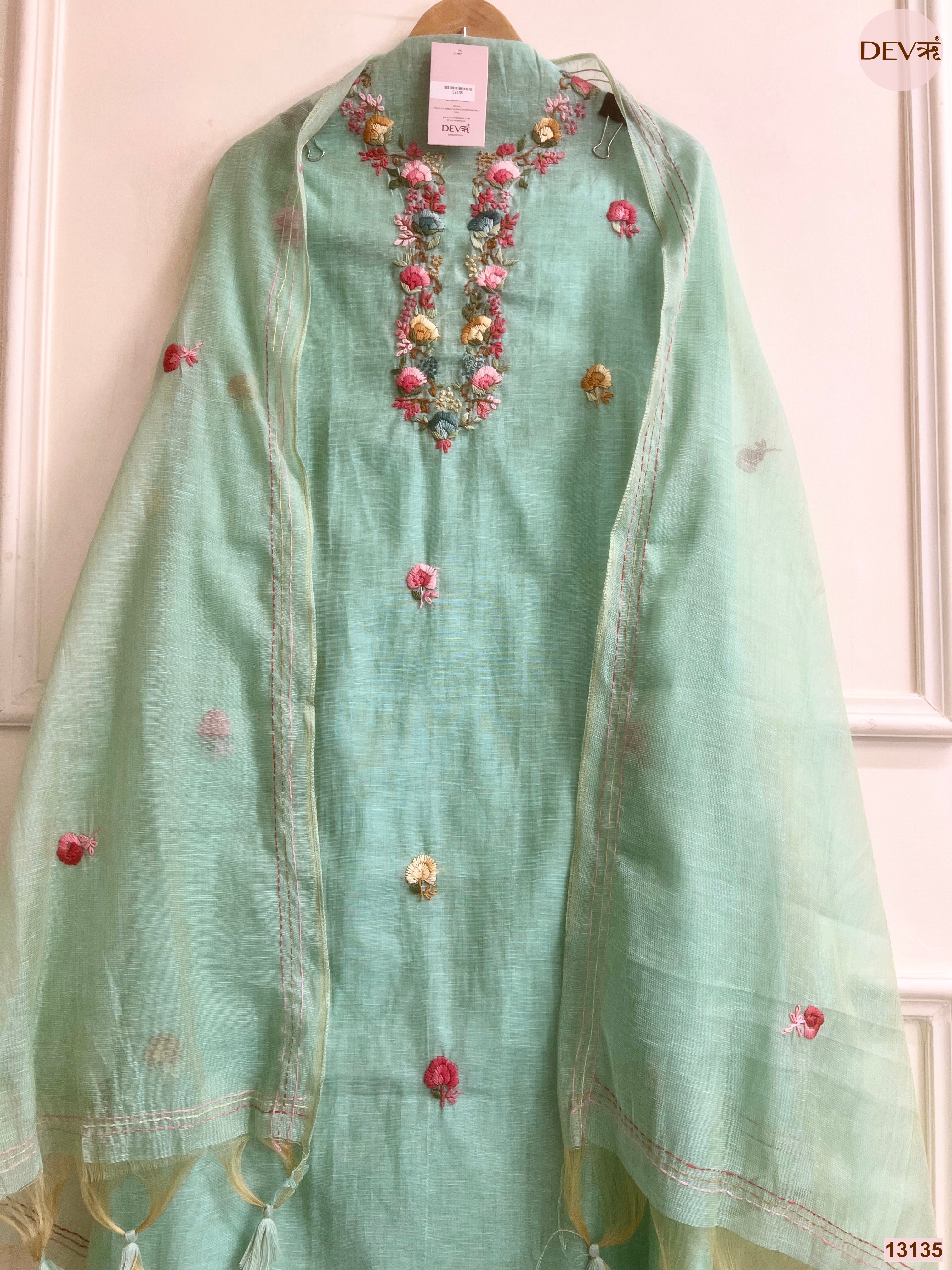 Mint Jamdani Cotton Embroidered Unstitched 3-Piece Suit (Devri – D.No 13135)