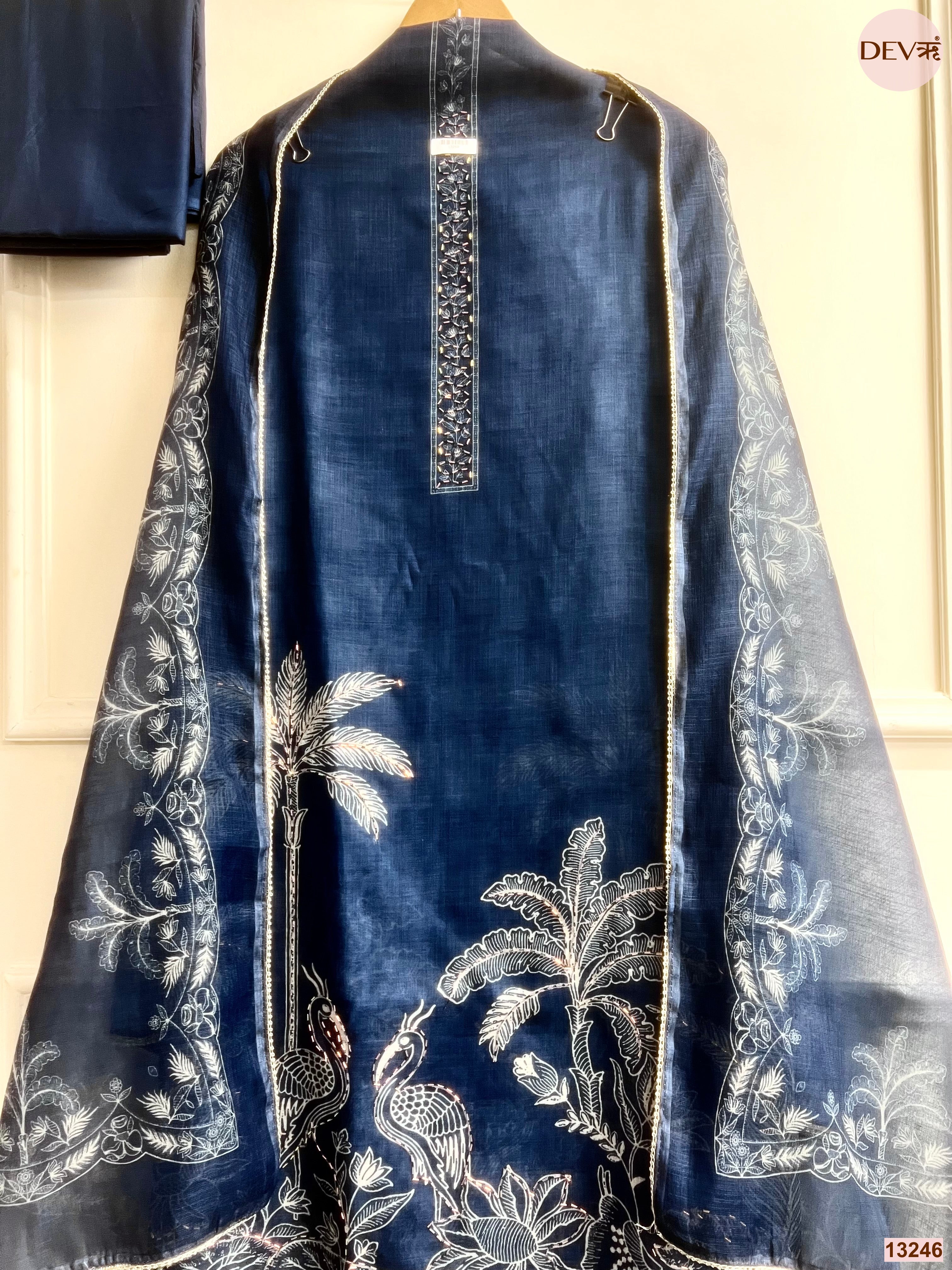 Navy Linen Cotton Printed Unstitched 3-Piece Suit (Devri – D.No 13246)