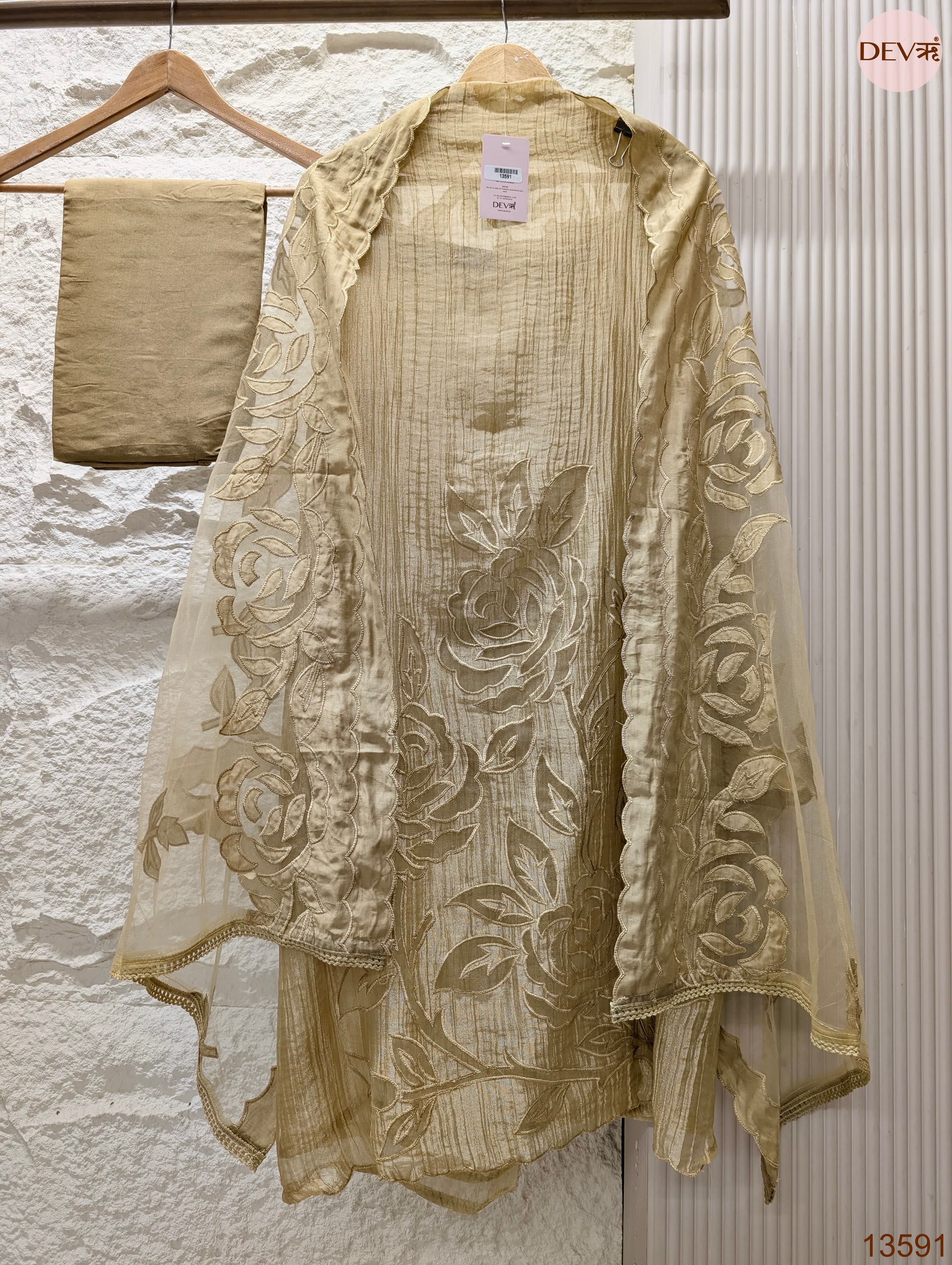 Beige Tissue Crush Silk Embroidered Unstitched 3-Piece Suit (Devri – D.No 13591)