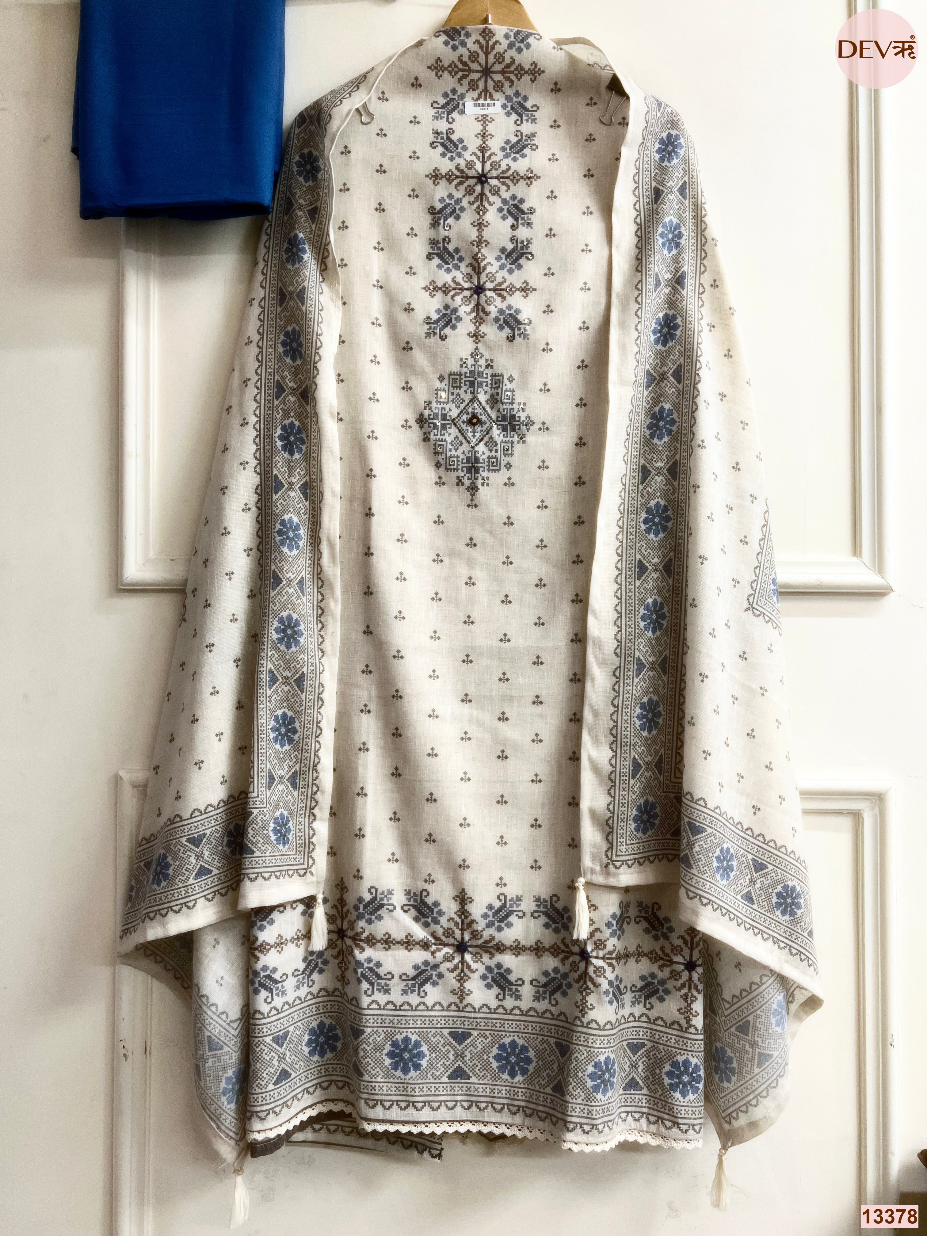 Off White Khadi Cotton Printed Unstitched 3-Piece Suit (Devri – D.No 13378)