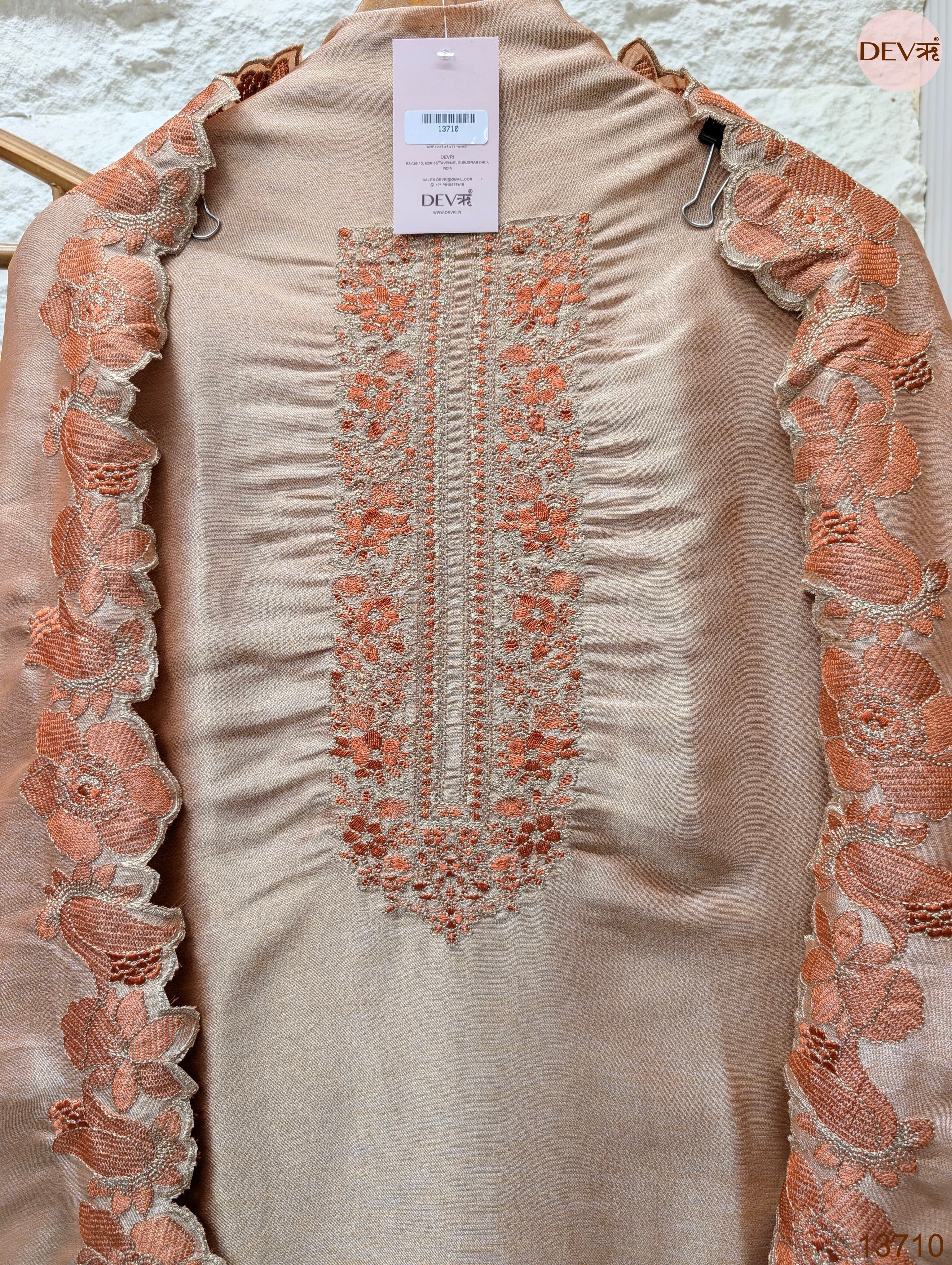 Peach Silk Blend Embroidered Unstitched 3-Piece Suit (Devri – D.No 13710)