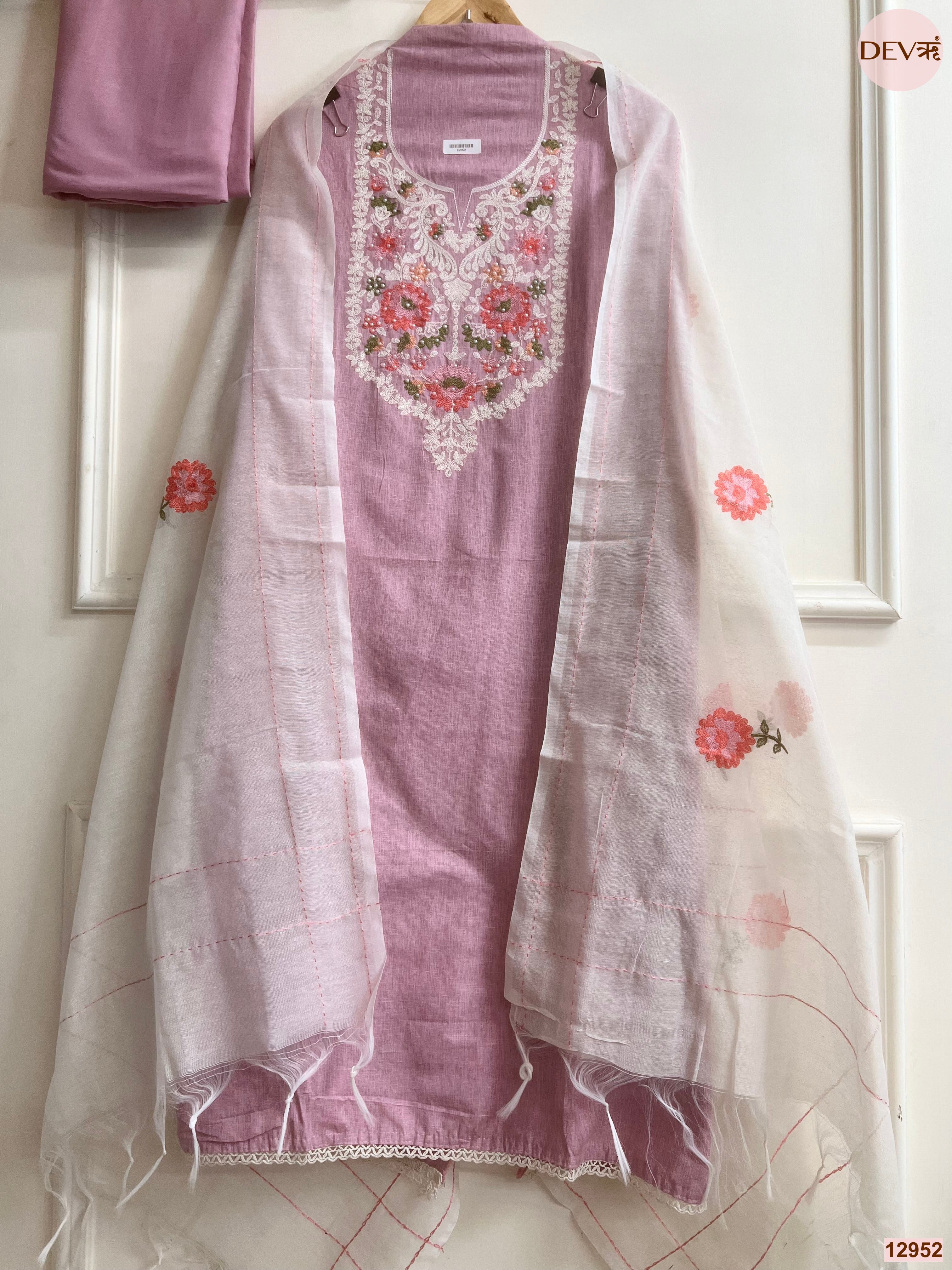 Pink Cotton Handloom Embroidered Unstitched 3-Piece Suit (Devri – D.No 12952)