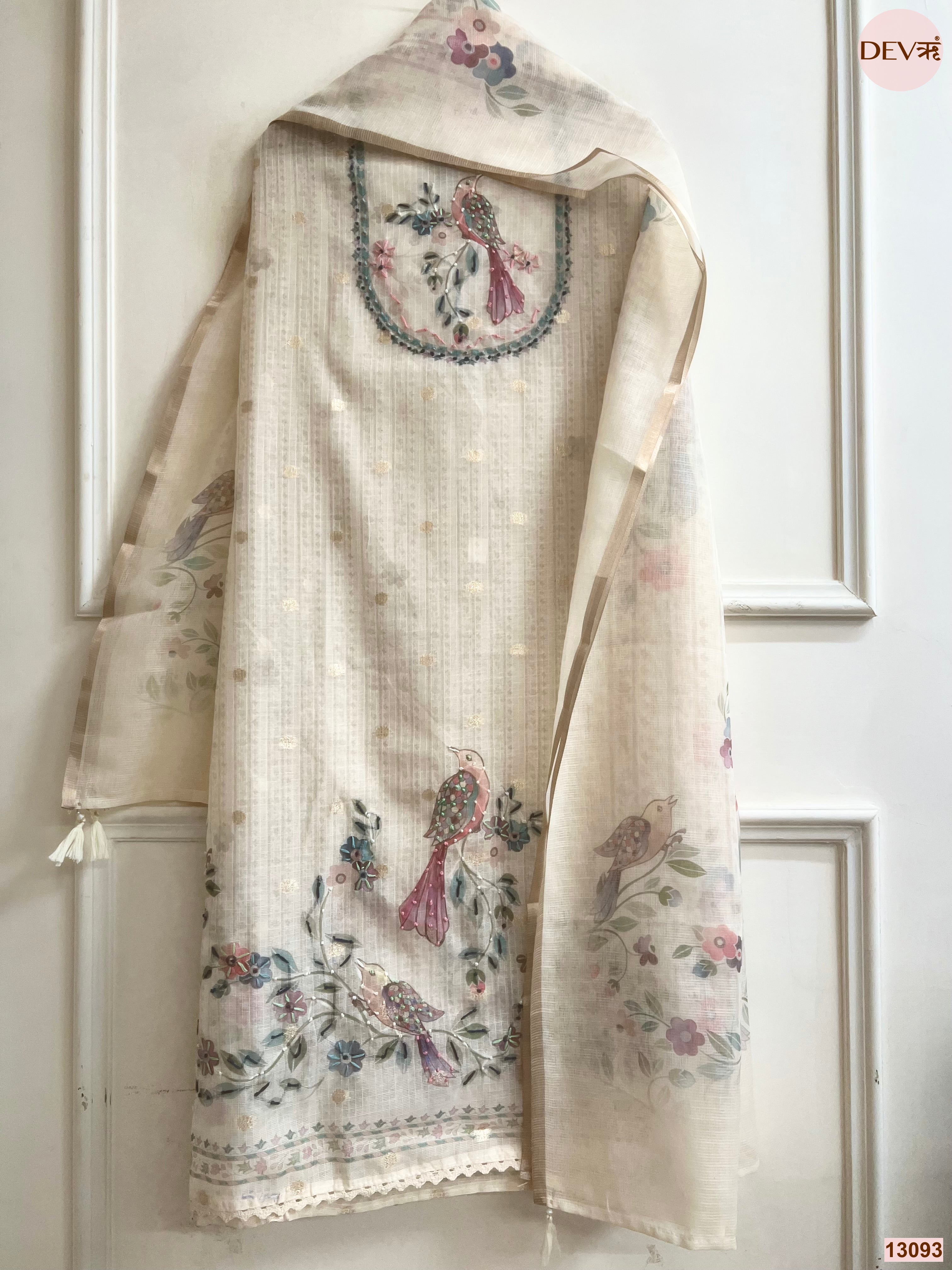 Cream Kota Embroidered Unstitched 3-Piece Suit (Devri – D.No 13093)