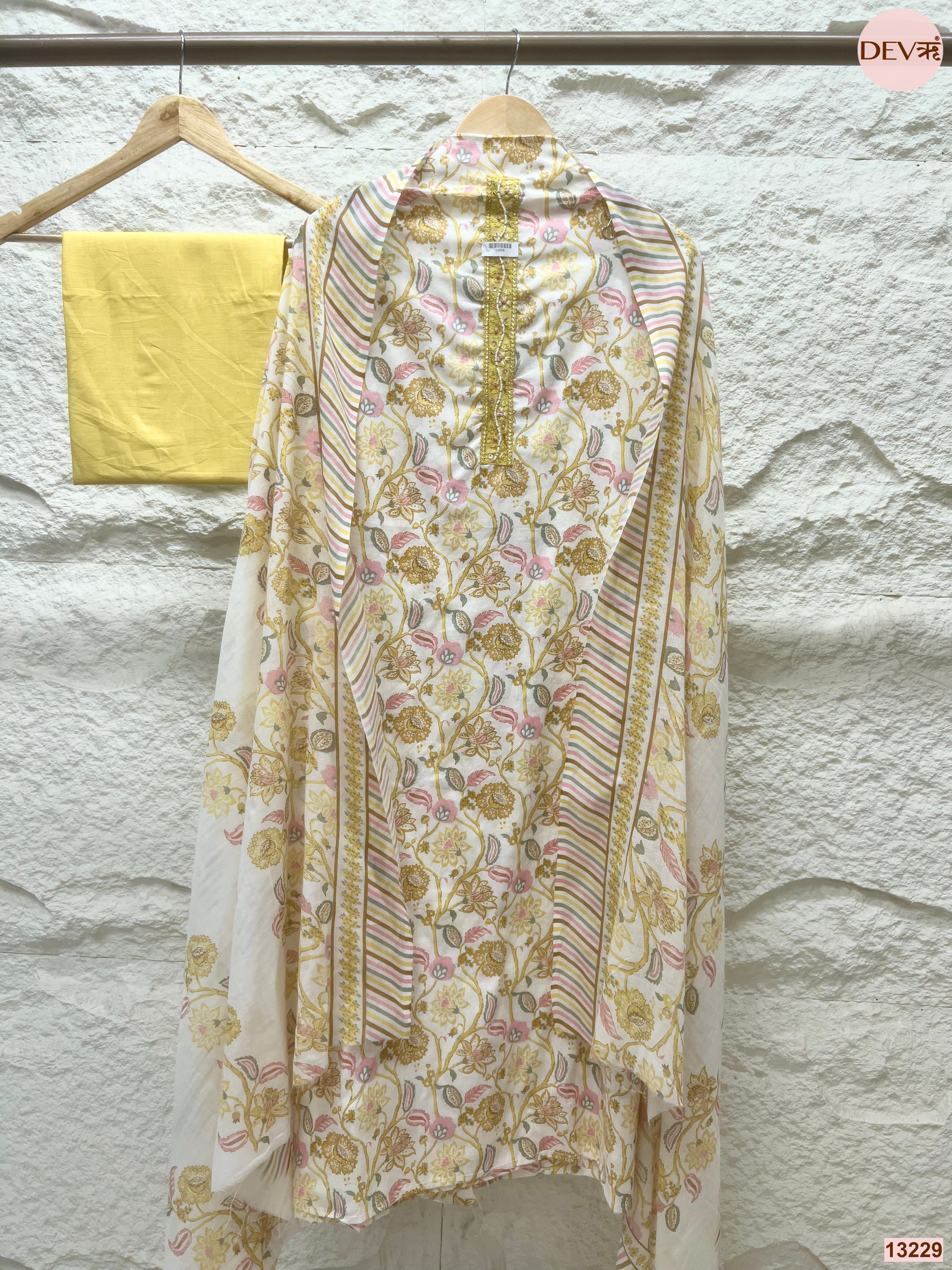 Yellow Cotton Printed Unstitched 3-Piece Suit (Devri – D.No 13229)
