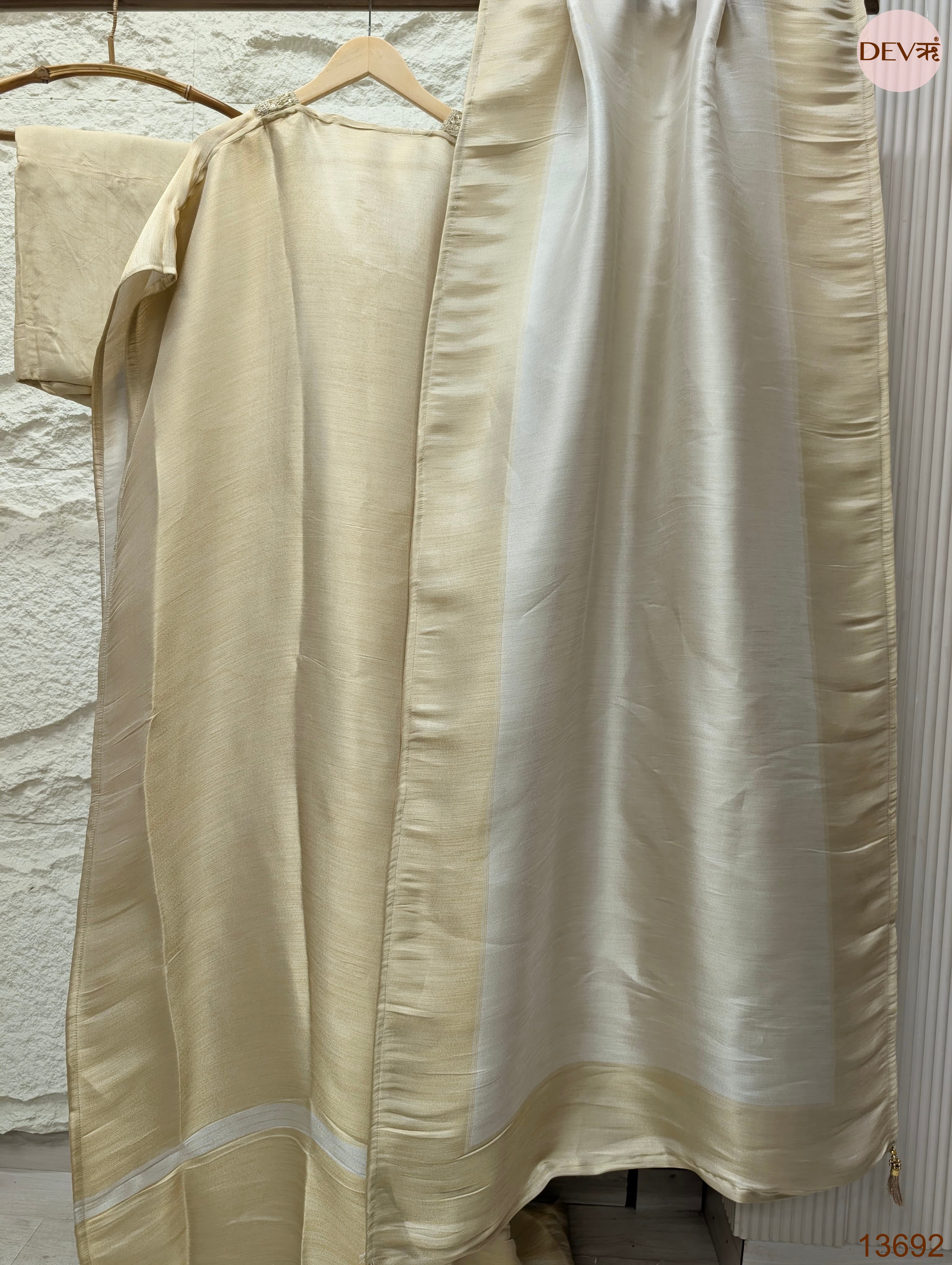 Cream Tissue Slik Embroidered Unstitched 3-Piece Suit (Devri – D.No 13692)
