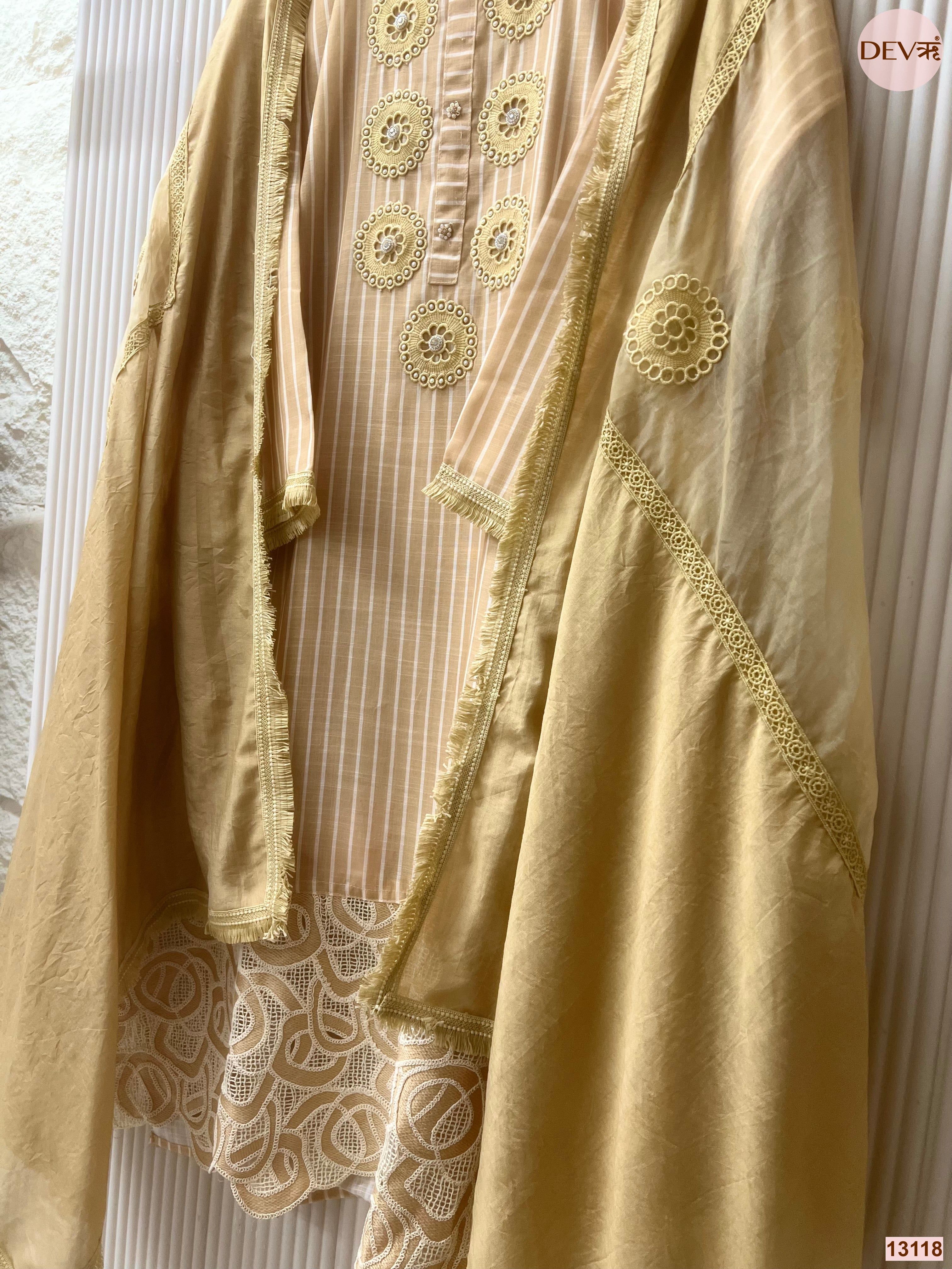 Beige Linen Cotton Embroidered Unstitched 3-Piece Suit (Devri – D.No 13118)