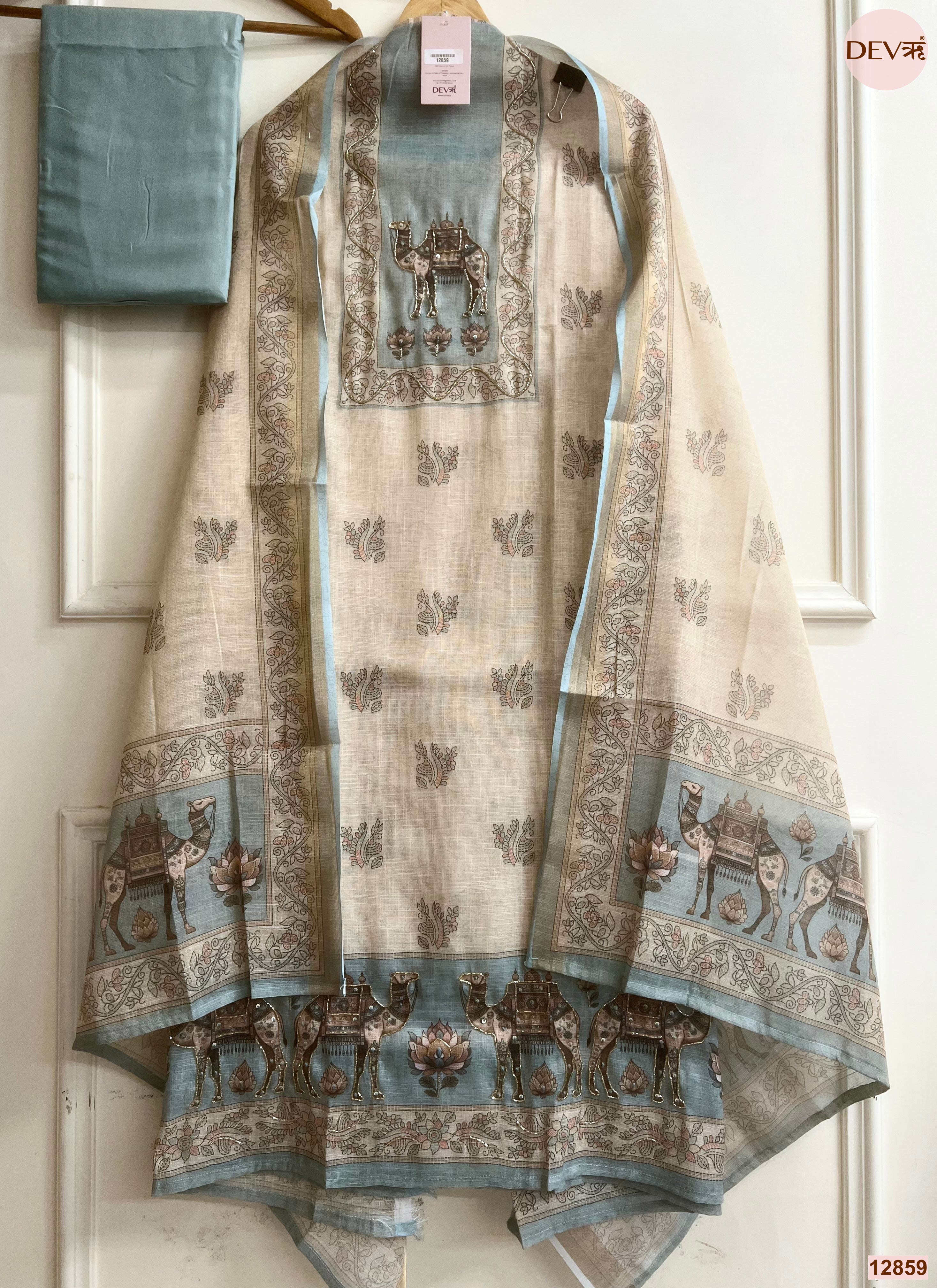 Blue Linen Cotton Printed Unstitched 3-Piece Suit (Devri – D.No 12859)