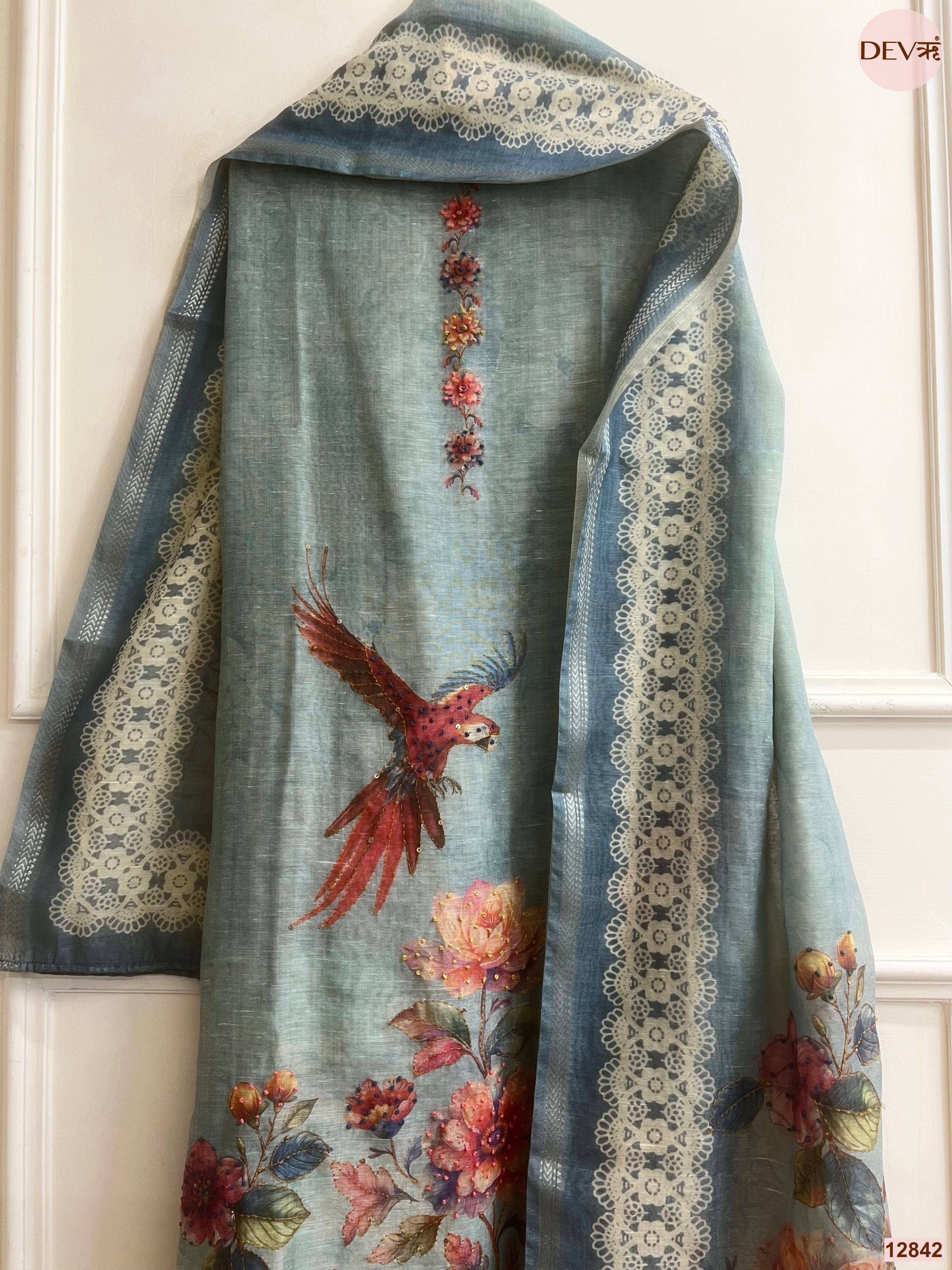 Blue Mul Chanderi Printed Unstitched 3-Piece Suit (Devri – D.No 12842)