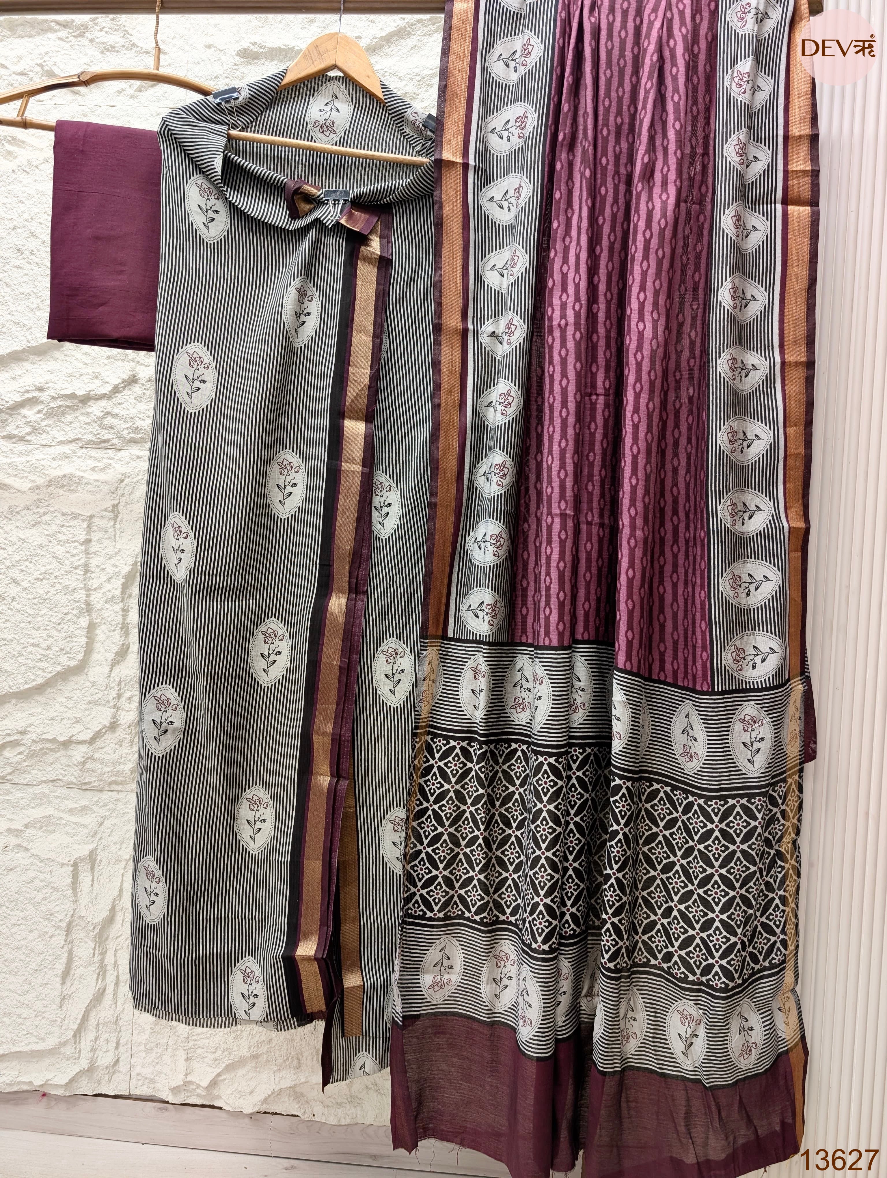 Black Maheshwari Silk Printed Unstitched 3-Piece Suit (Devri – D.No 13627)