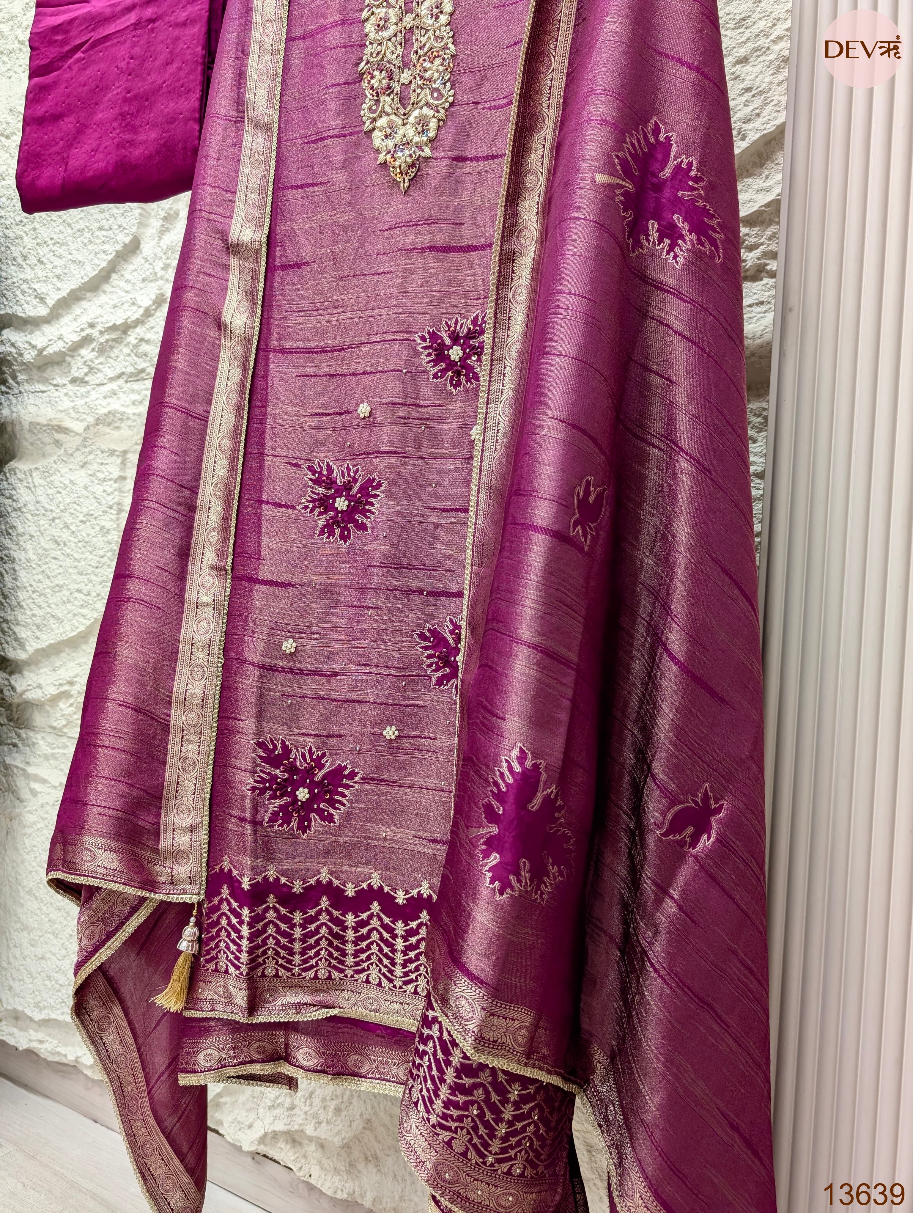 Magenta Pure Girafe Banarasi Silk Embroidered Unstitched 3-Piece Suit (Devri – D.No 13639)