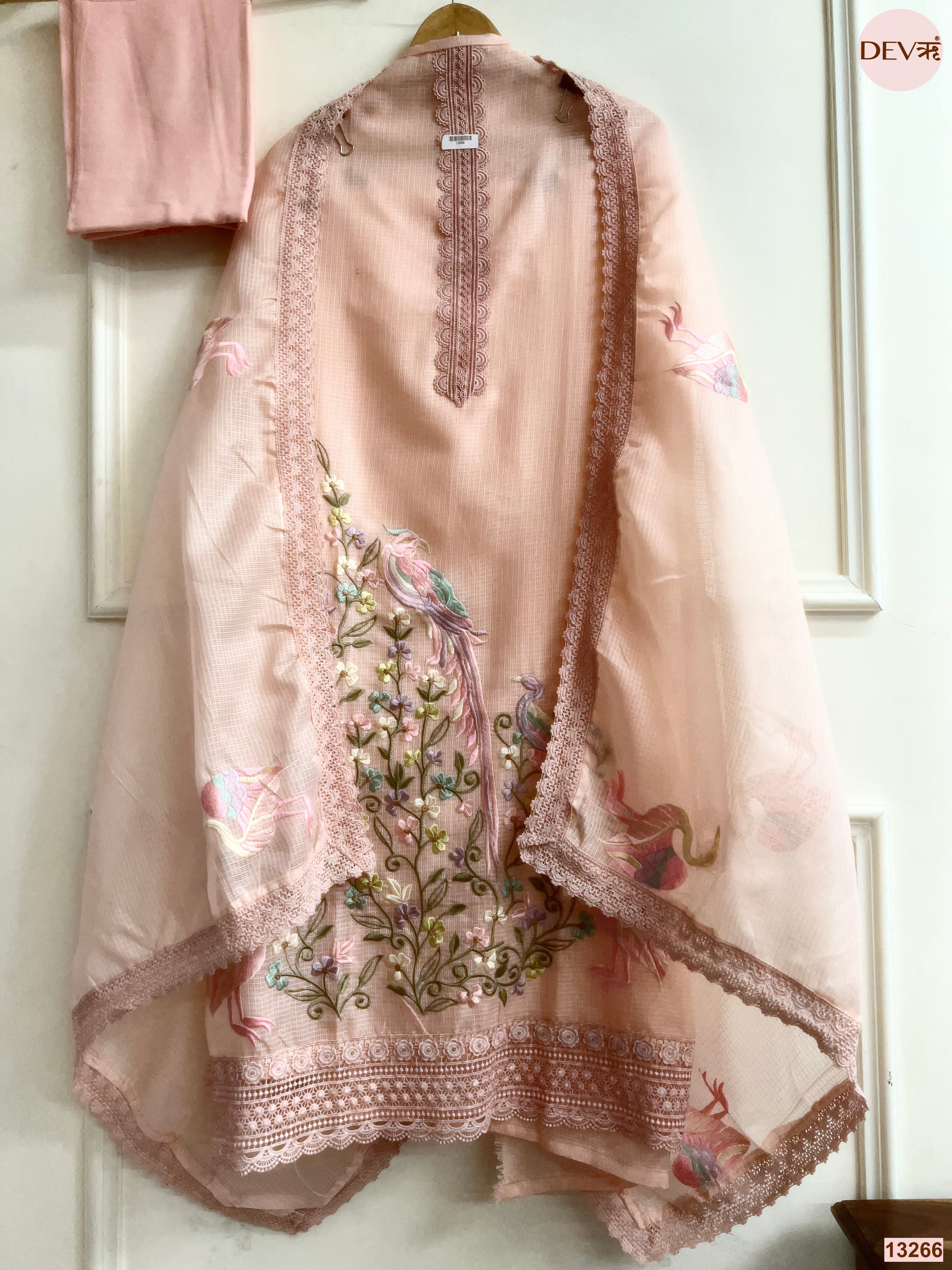 Peach Kota Cotton Embroidered Unstitched 3-Piece Suit (Devri – D.No 13266)