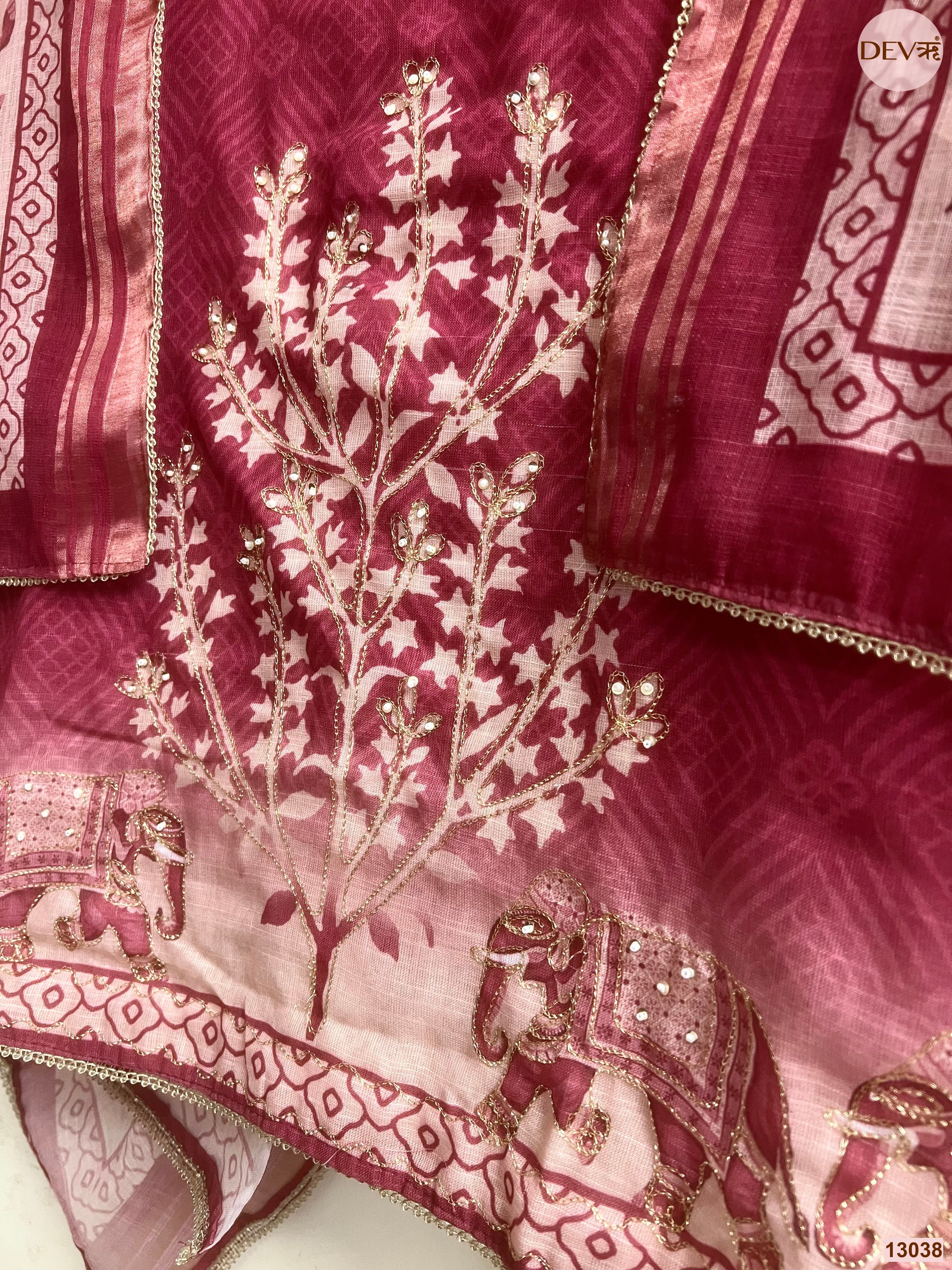 Wine Linen Cotton Printed Unstitched 3-Piece Suit (Devri – D.No 13038)