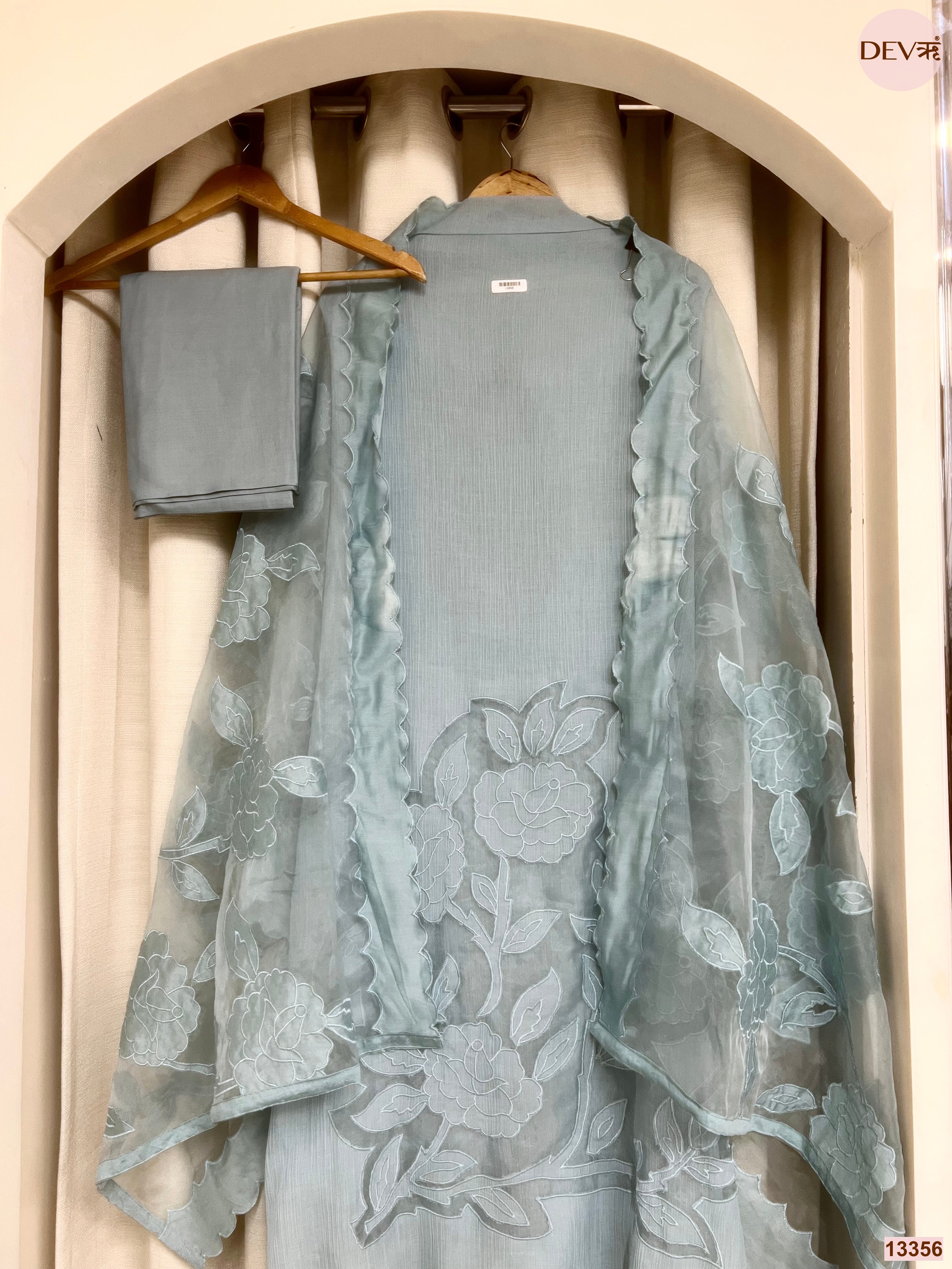 Blue Mul Chanderi Embroidered Unstitched 3-Piece Suit (Devri – D.No 13356)