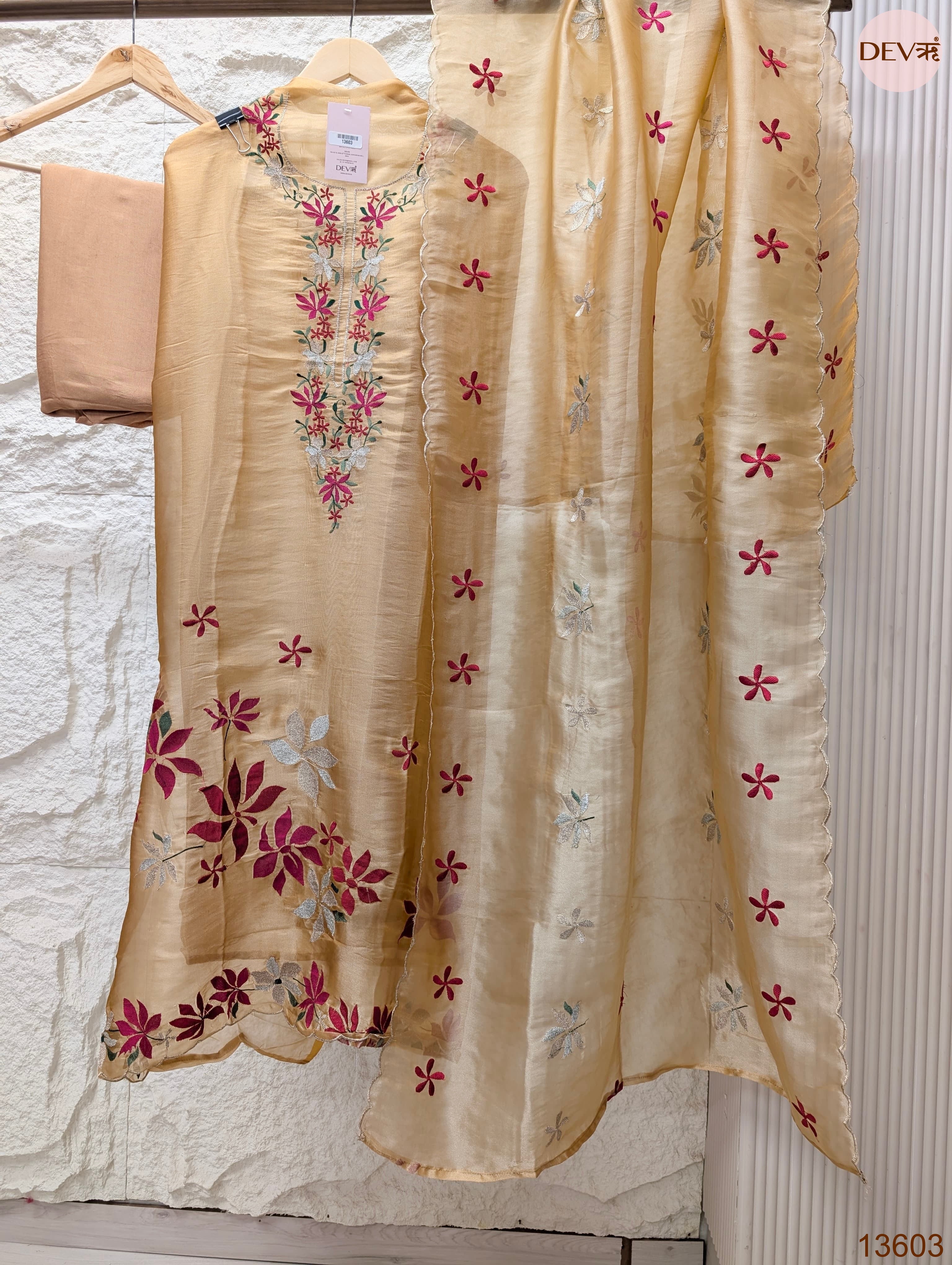 Beige Crush Tissue Silk Embroidered Unstitched 3-Piece Suit (Devri – D.No 13603)