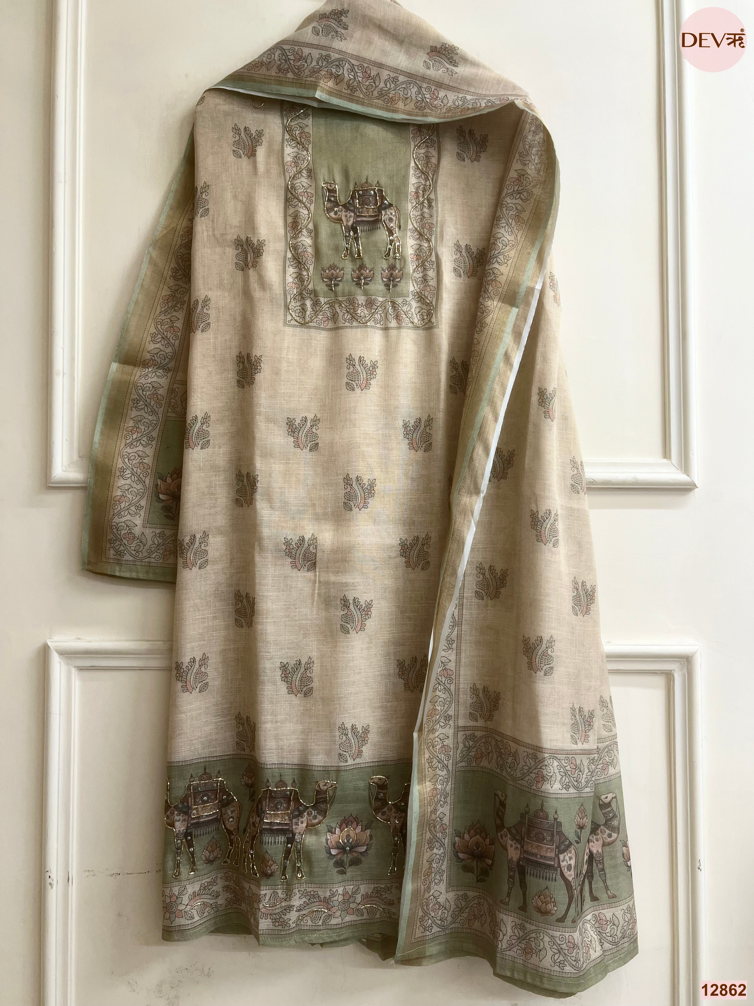 Green Linen Cotton Printed Unstitched 3-Piece Suit (Devri – D.No 12862)