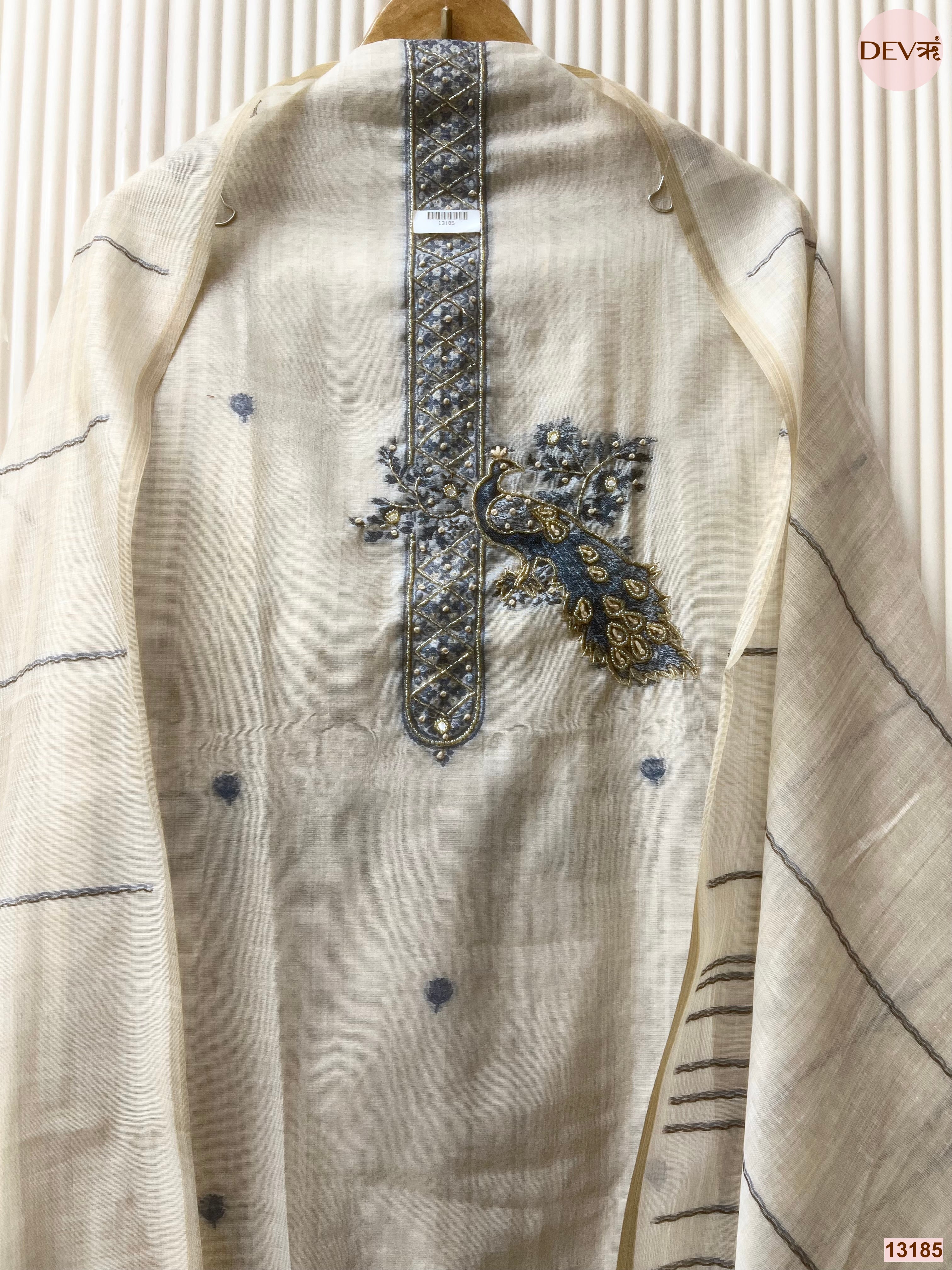 Cream Mul Chanderi Printed Unstitched 3-Piece Suit (Devri – D.No 13185)