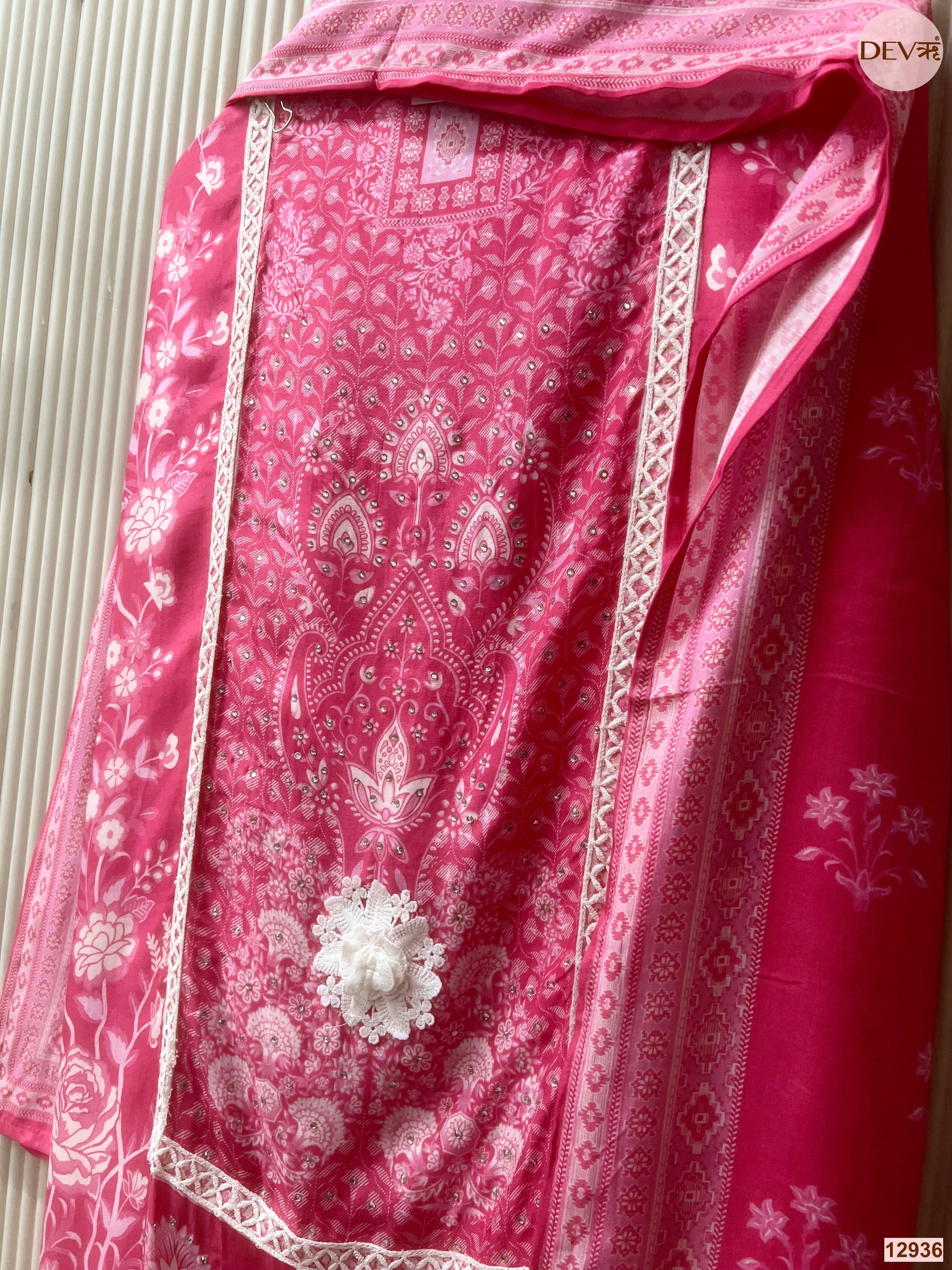 Pink Muslin Printed Unstitched 3-Piece Suit (Devri – D.No 12936)