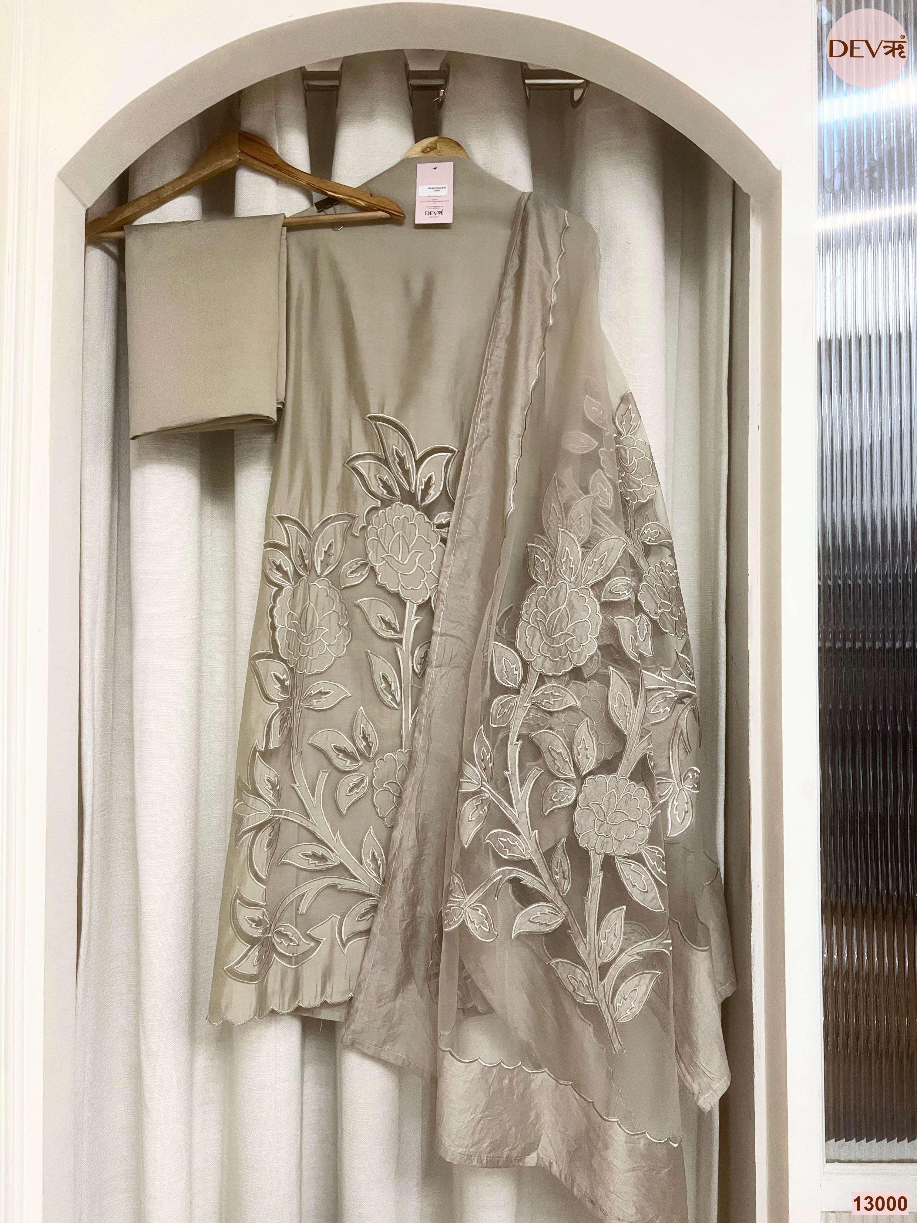 Beige Roman Silk Embroidered Unstitched 3-Piece Suit (Devri – D.No 13000)