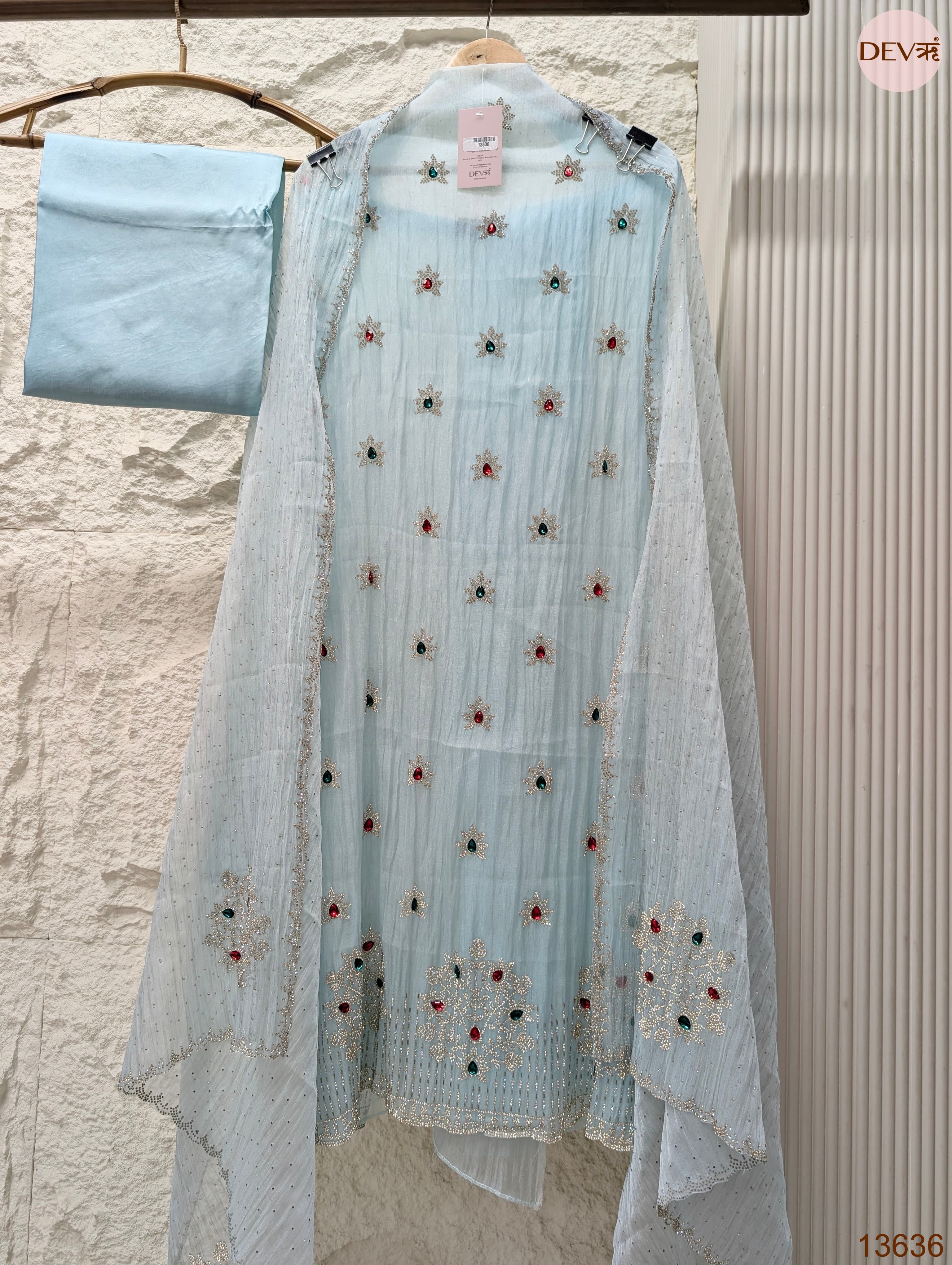 Blue Pure Organza Silk Hand Unstitched 3-Piece Suit (Devri – D.No 13636)
