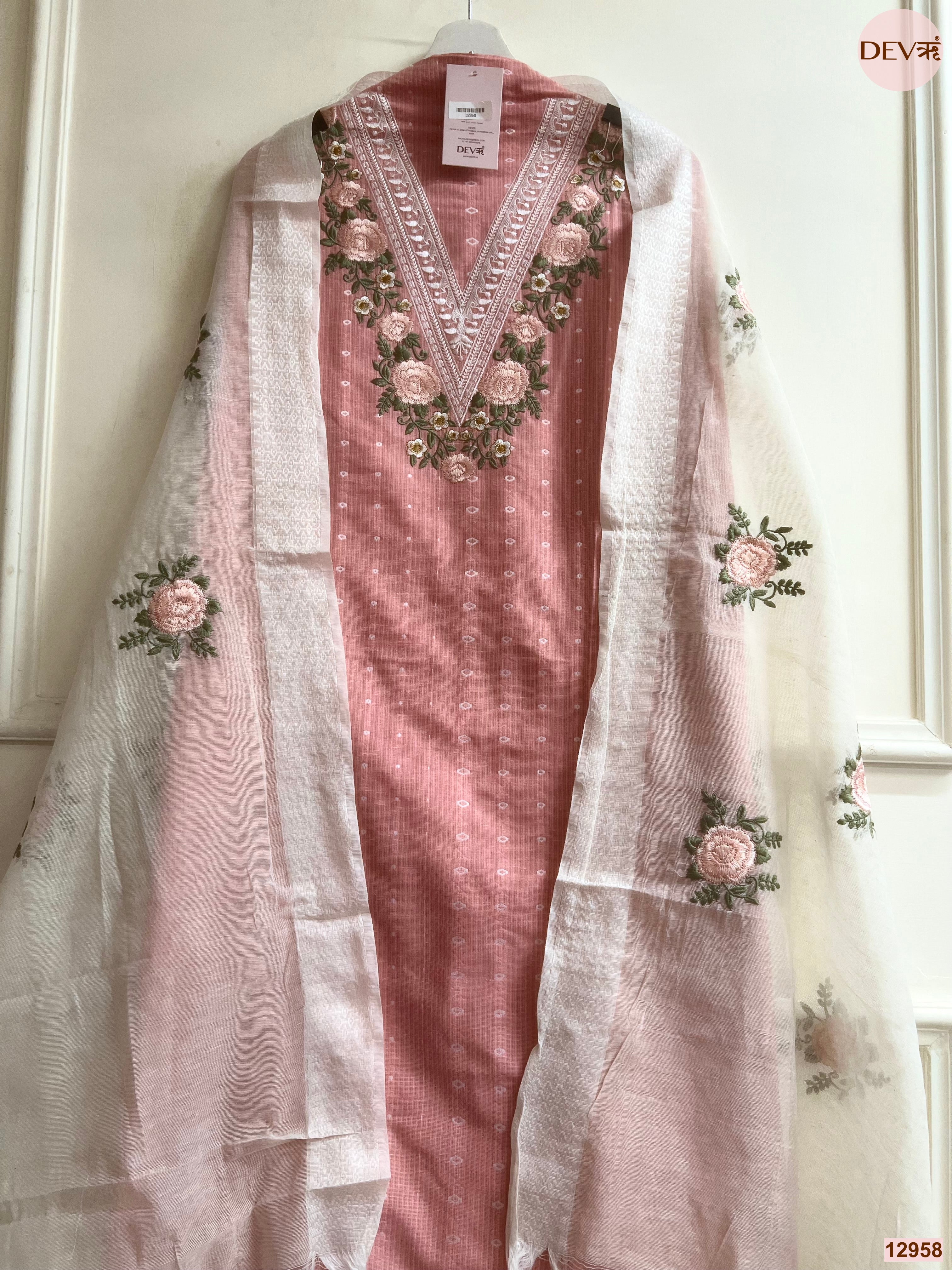 Pink Cotton Handloom Embroidered Unstitched 3-Piece Suit (Devri – D.No 12958)