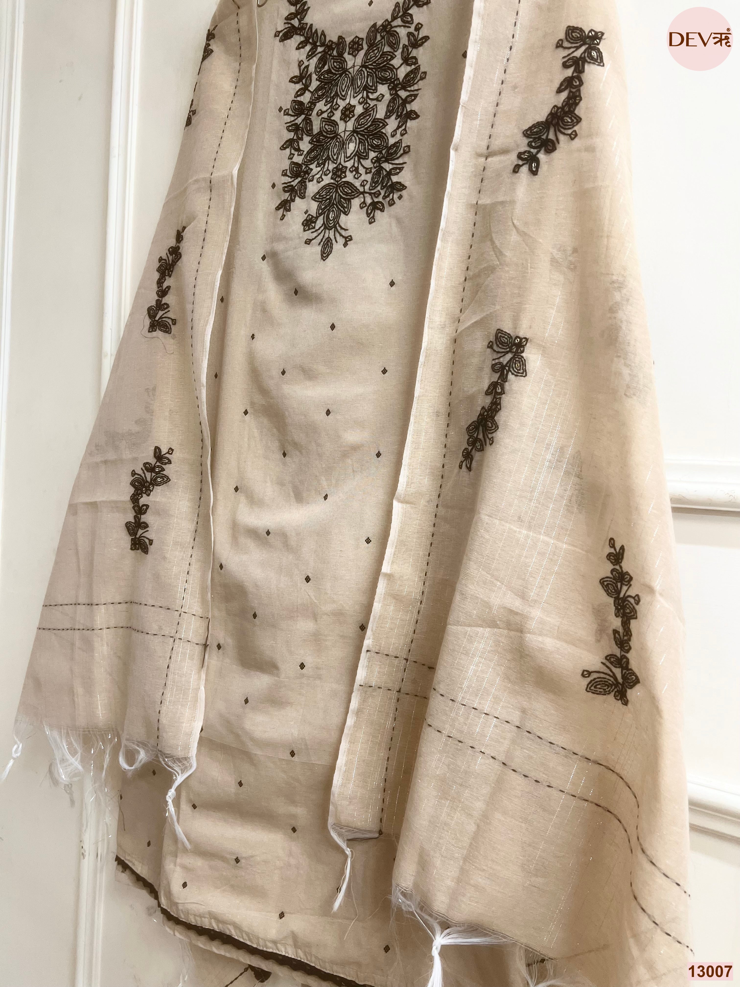 Beige Cotton Handloom Embroidered Unstitched 3-Piece Suit (Devri – D.No 13007)