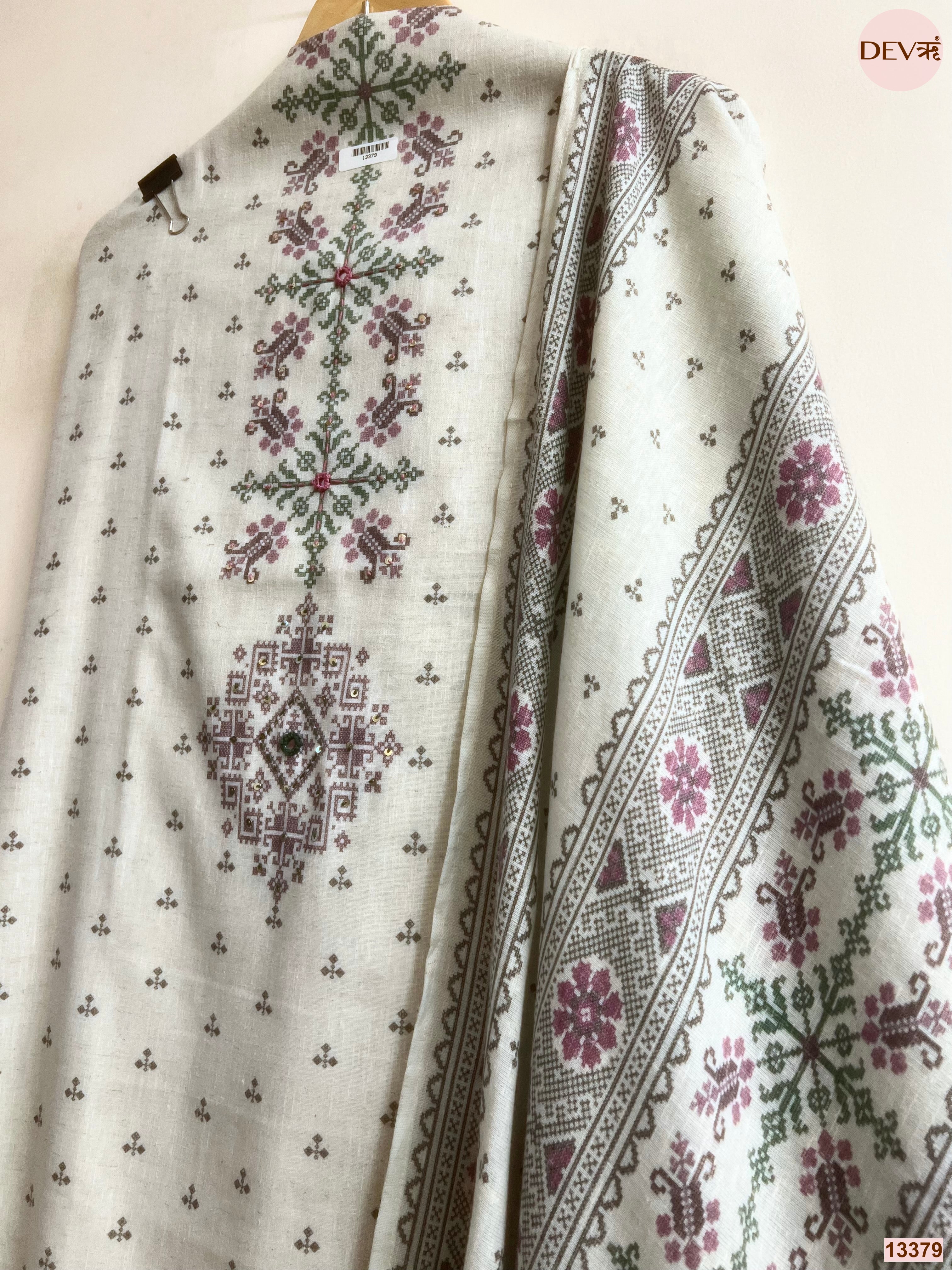 Off White Khadi Cotton Printed Unstitched 3-Piece Suit (Devri – D.No 13379)