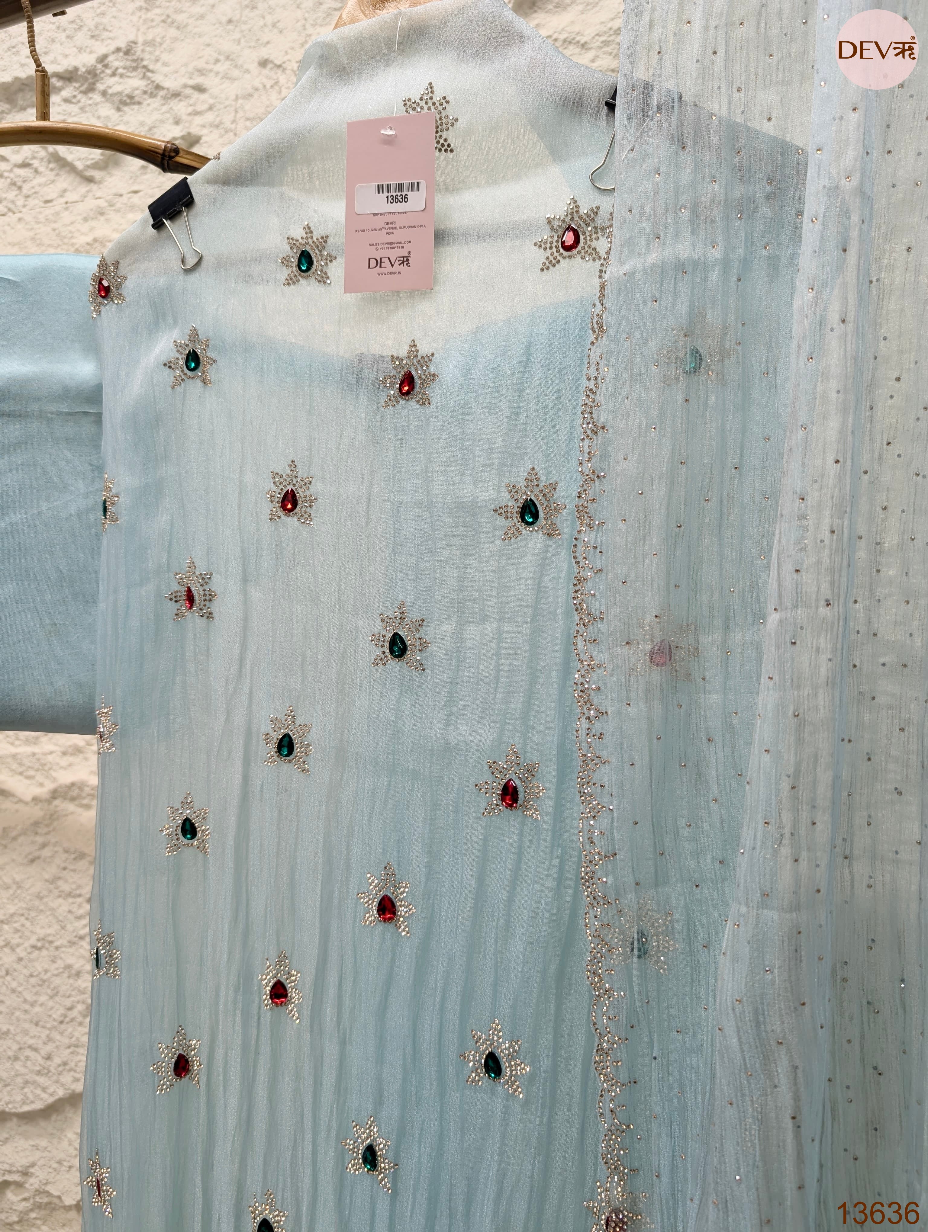 Blue Pure Organza Silk Hand Unstitched 3-Piece Suit (Devri – D.No 13636)
